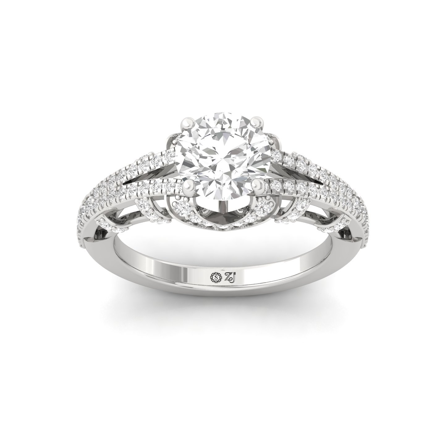 Round Cut Diamond Halo Engagement Ring | Lab Grown CVD Diamond Split Shank Ring | 925 Silver | 10K | 14K | 18K - Main View