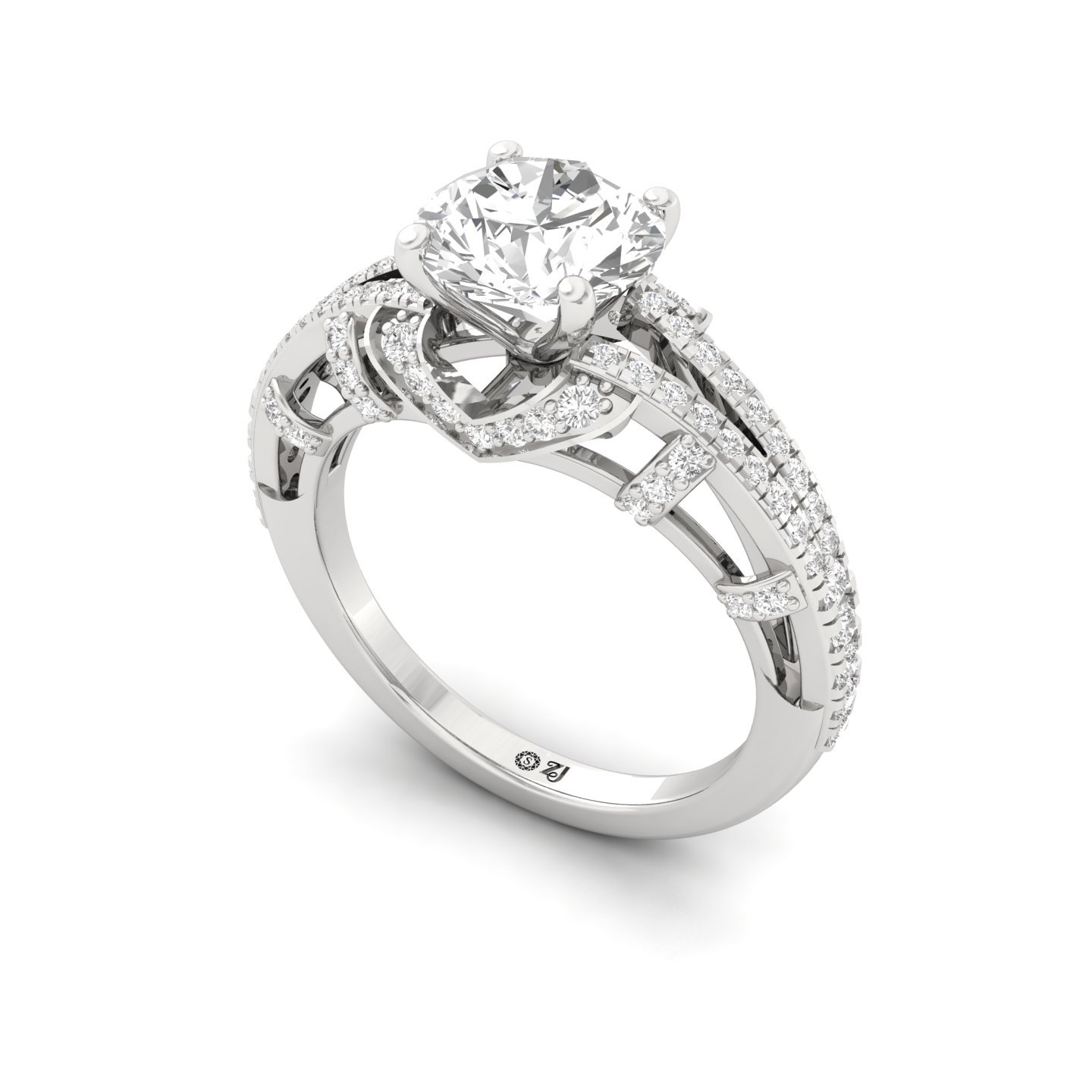 Round Cut Diamond Halo Engagement Ring | Lab Grown CVD Diamond Split Shank Ring | 925 Silver | 10K | 14K | 18K - View 2