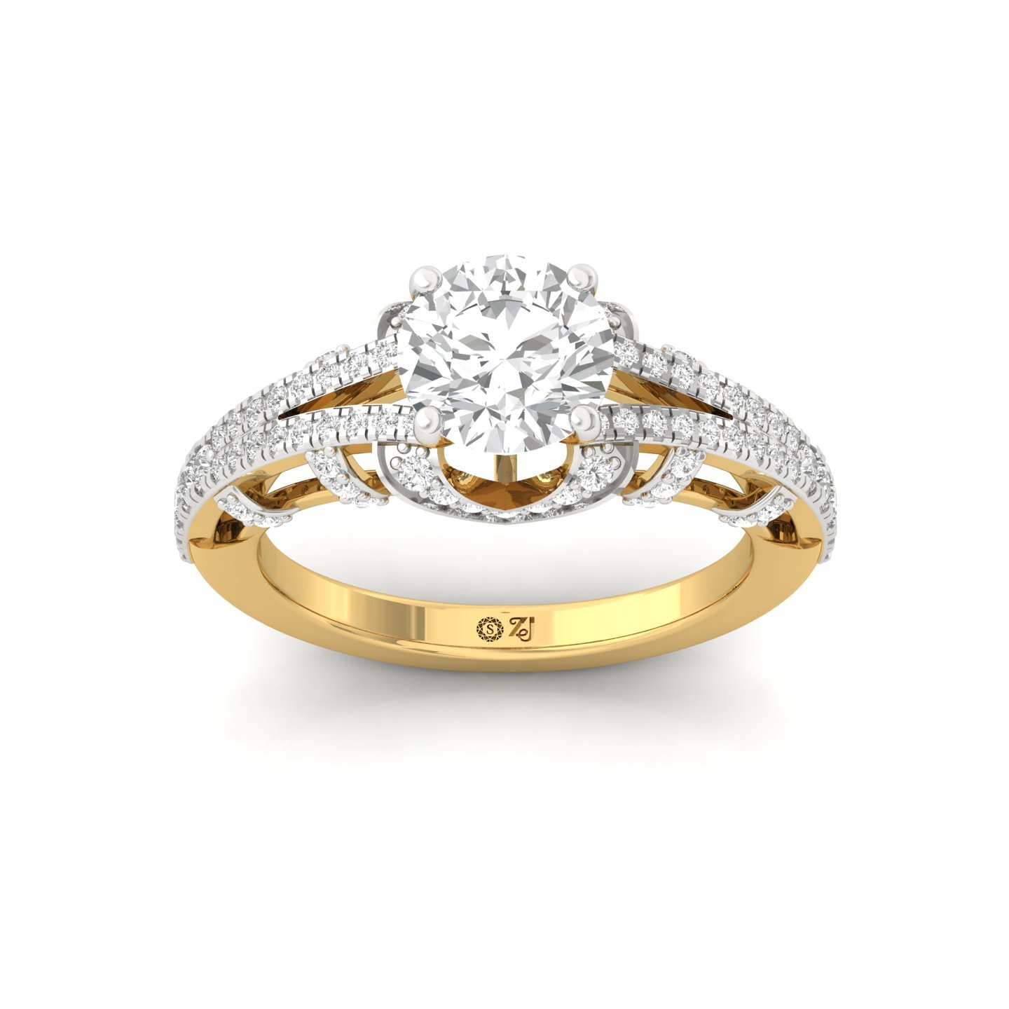 Round Cut Diamond Halo Engagement Ring | Lab Grown CVD Diamond Split Shank Ring | 925 Silver | 10K | 14K | 18K - Gold Main View