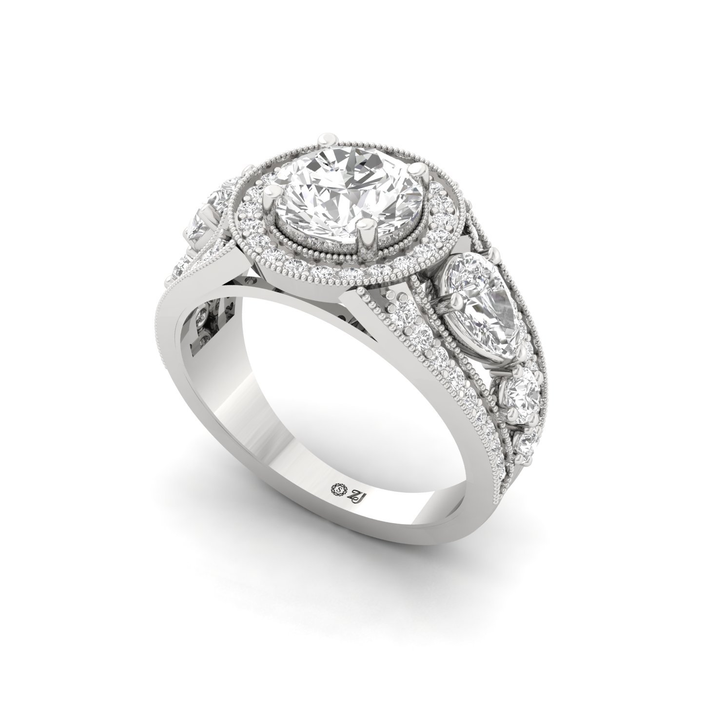 Round Cut Diamond Vintage Halo Engagement Ring | Lab Grown CVD Diamond Three Stone Ring | 925 Silver | 10K | 14K | 18K - View 2