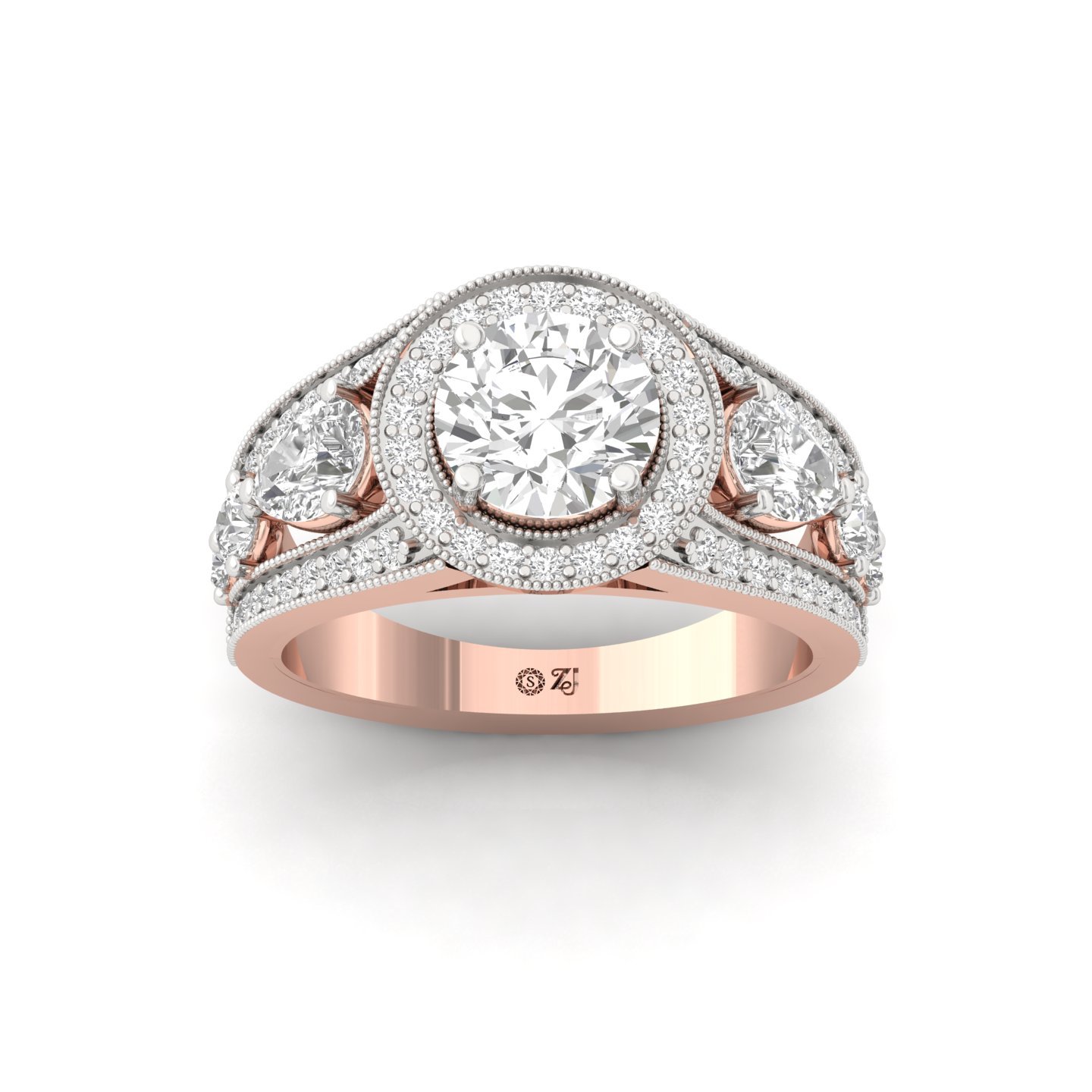 Round Cut Diamond Vintage Halo Engagement Ring | Lab Grown CVD Diamond Three Stone Ring | 925 Silver | 10K | 14K | 18K - Rose Gold Main View