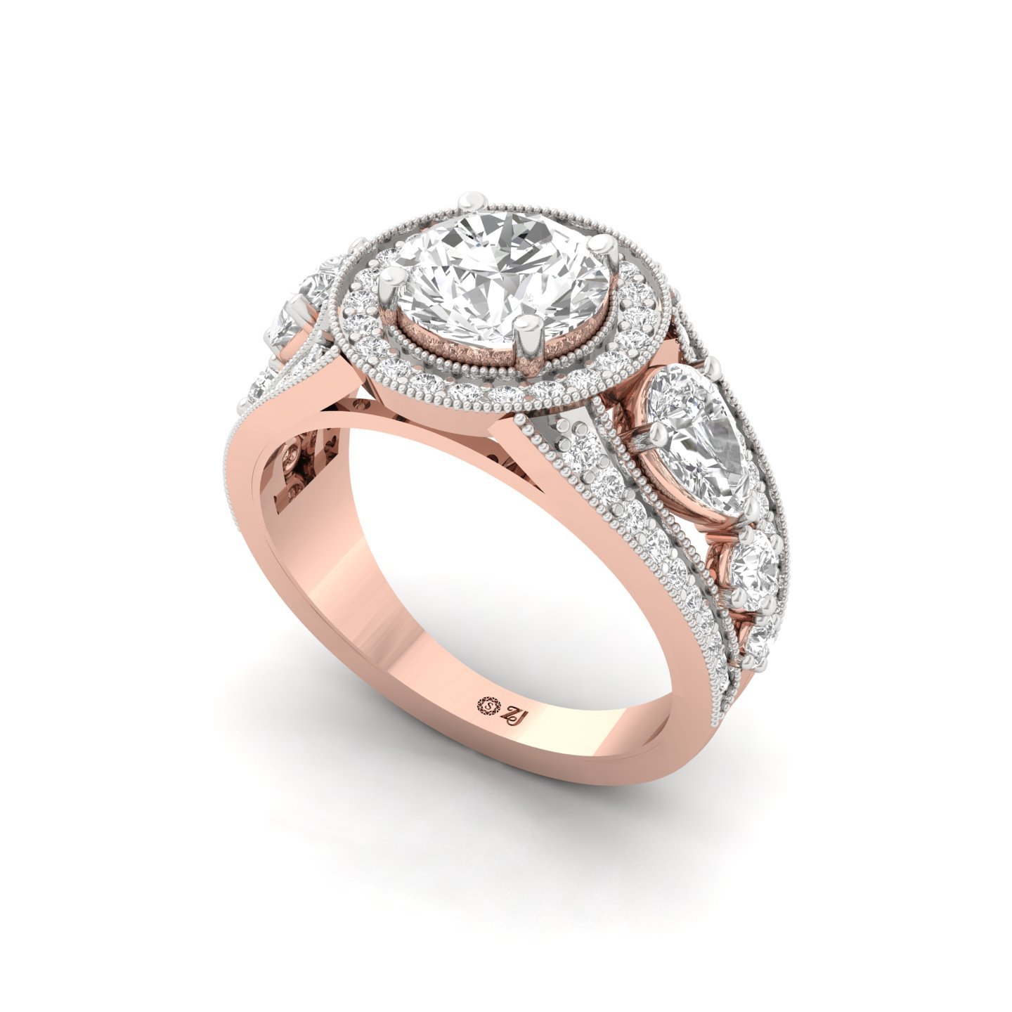 Round Cut Diamond Vintage Halo Engagement Ring | Lab Grown CVD Diamond Three Stone Ring | 925 Silver | 10K | 14K | 18K - View 2