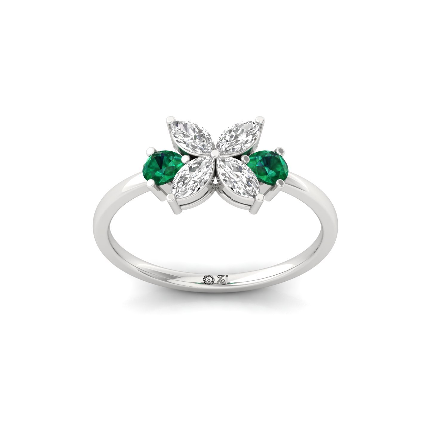 Pear & Marquise Cut Diamond Floral Ring with Emerald Accents | Lab Grown CVD Diamond Nature Inspired Ring | 925 Silver | 10K | 14K | 18K - Main View