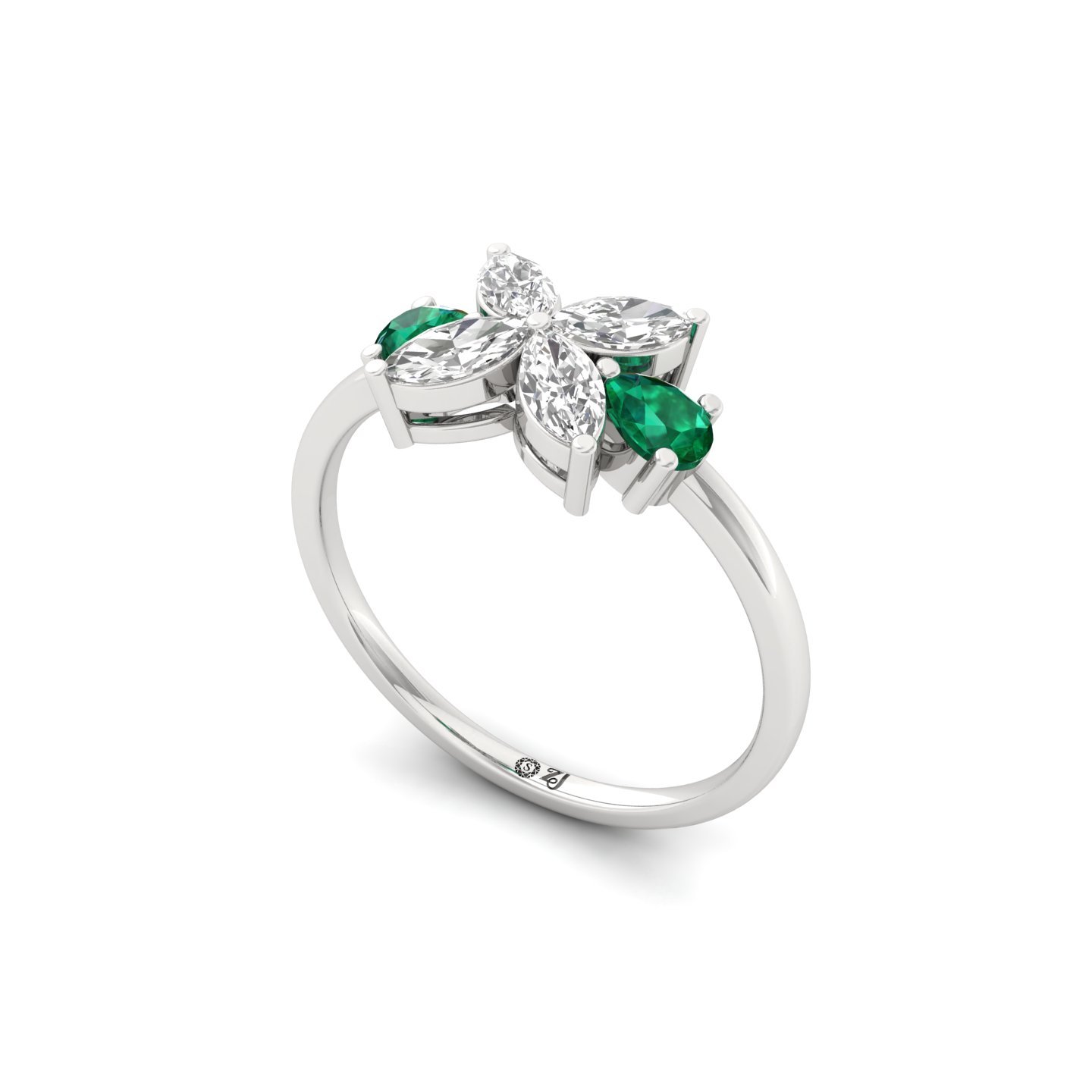 Pear & Marquise Cut Diamond Floral Ring with Emerald Accents | Lab Grown CVD Diamond Nature Inspired Ring | 925 Silver | 10K | 14K | 18K - View 2