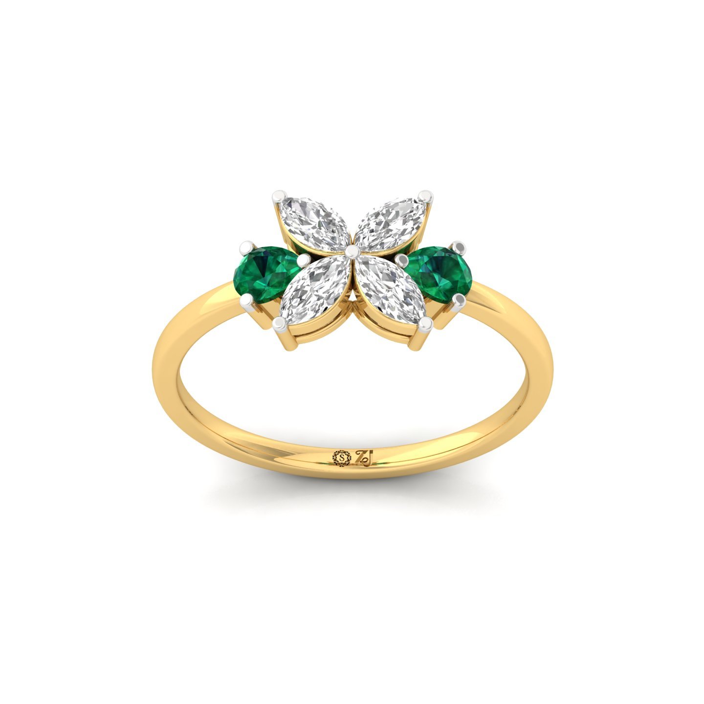 Pear & Marquise Cut Diamond Floral Ring with Emerald Accents | Lab Grown CVD Diamond Nature Inspired Ring | 925 Silver | 10K | 14K | 18K - Gold Main View