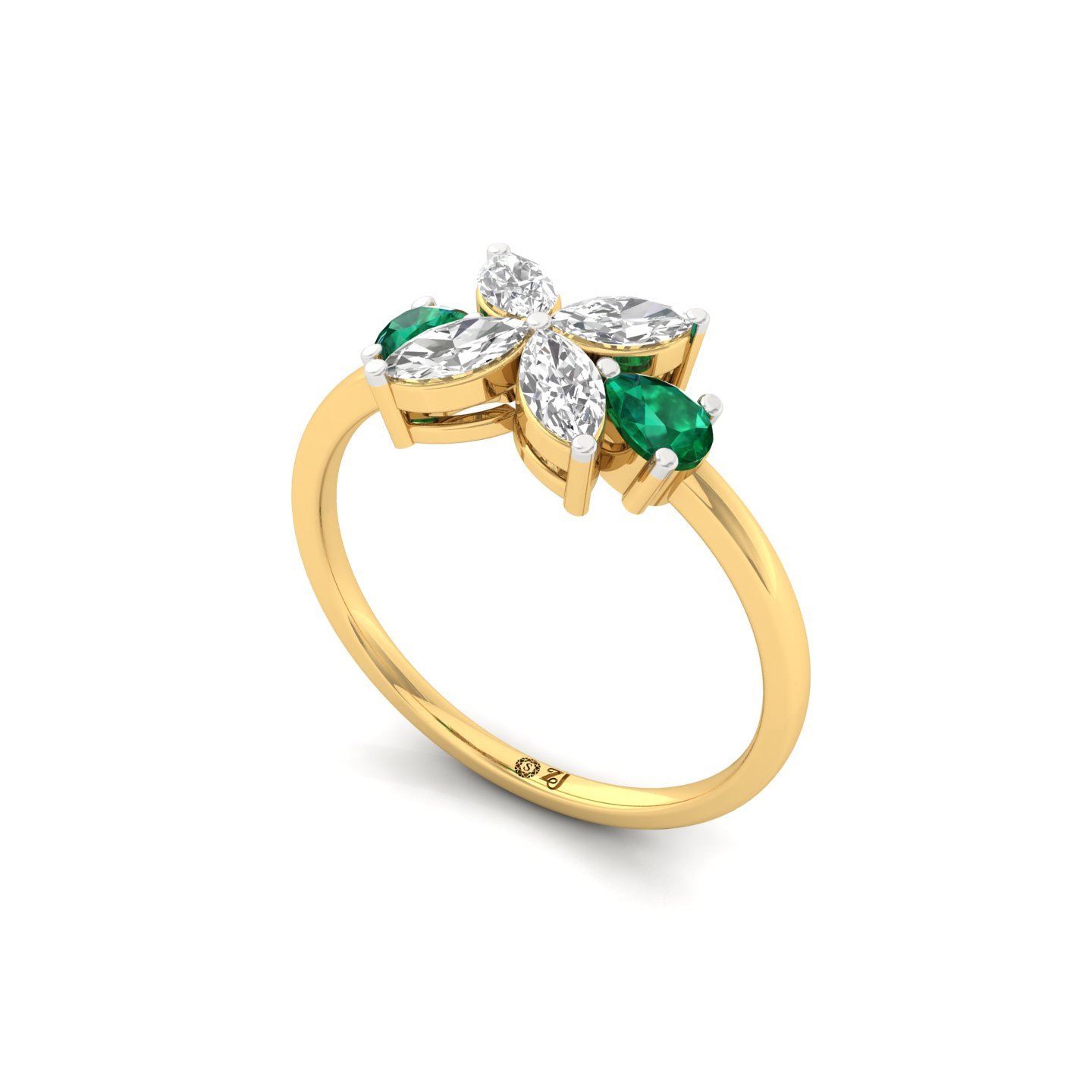 Pear & Marquise Cut Diamond Floral Ring with Emerald Accents | Lab Grown CVD Diamond Nature Inspired Ring | 925 Silver | 10K | 14K | 18K - View 2