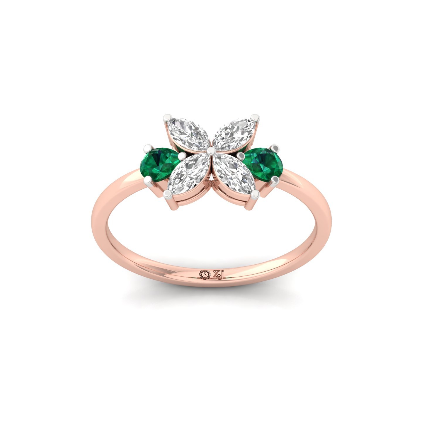 Pear & Marquise Cut Diamond Floral Ring with Emerald Accents | Lab Grown CVD Diamond Nature Inspired Ring | 925 Silver | 10K | 14K | 18K - Rose Gold Main View