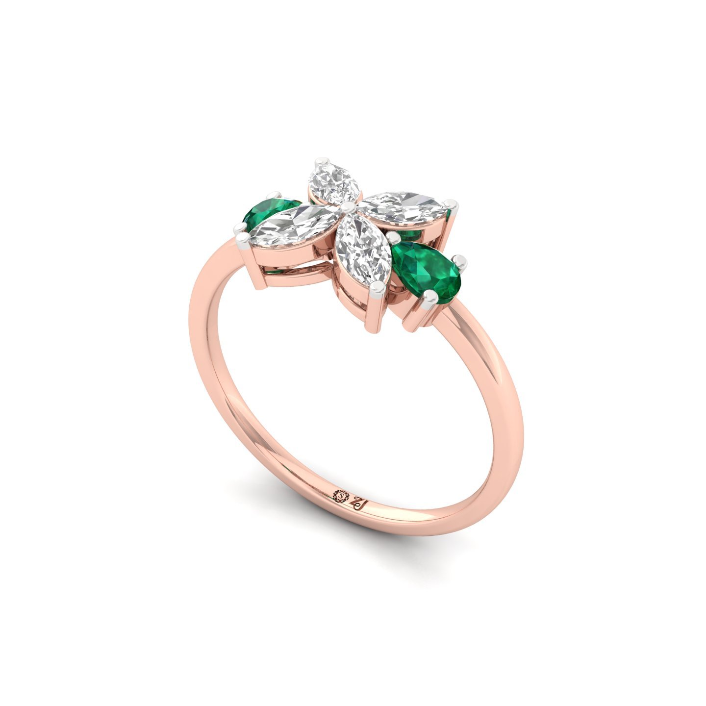 Pear & Marquise Cut Diamond Floral Ring with Emerald Accents | Lab Grown CVD Diamond Nature Inspired Ring | 925 Silver | 10K | 14K | 18K - View 2