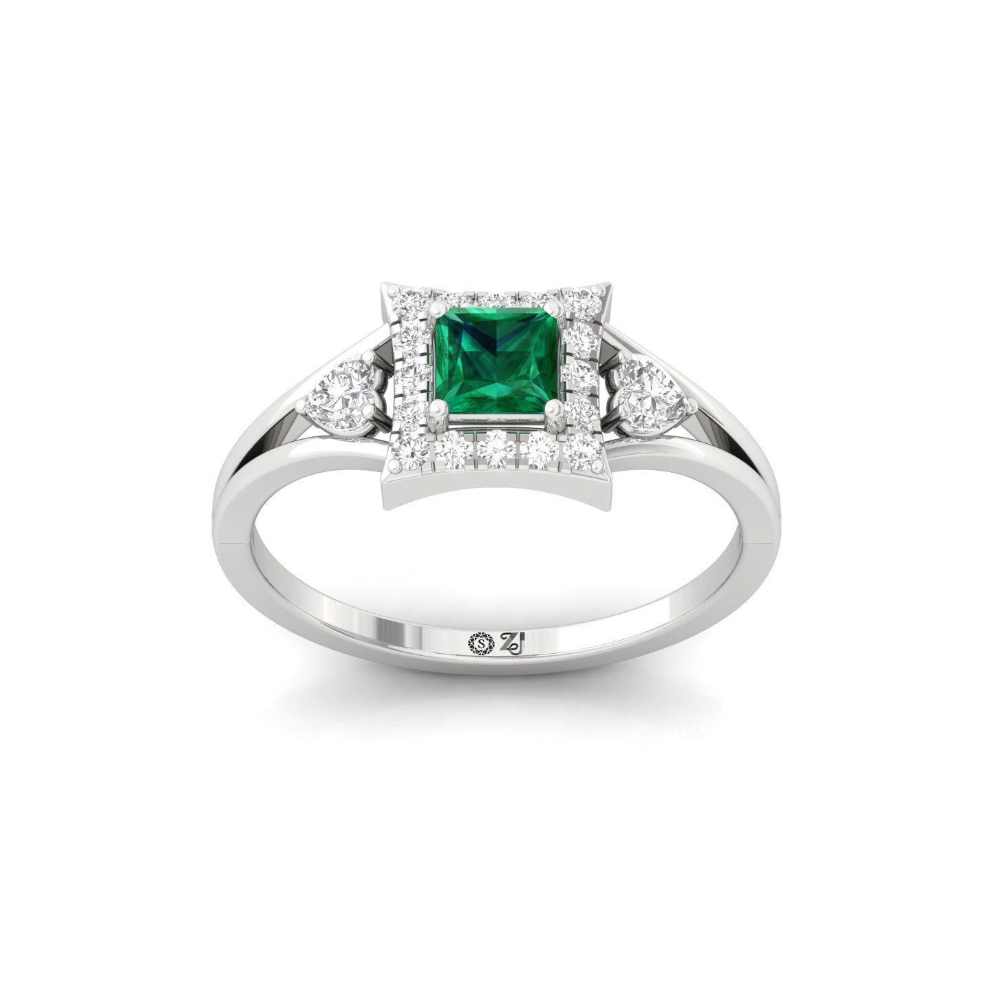 Princess Cut Emerald & Diamond Halo Ring | Lab Grown CVD Diamond & Green Gemstone Engagement Ring | 925 Silver | 10K | 14K | 18K - Main View