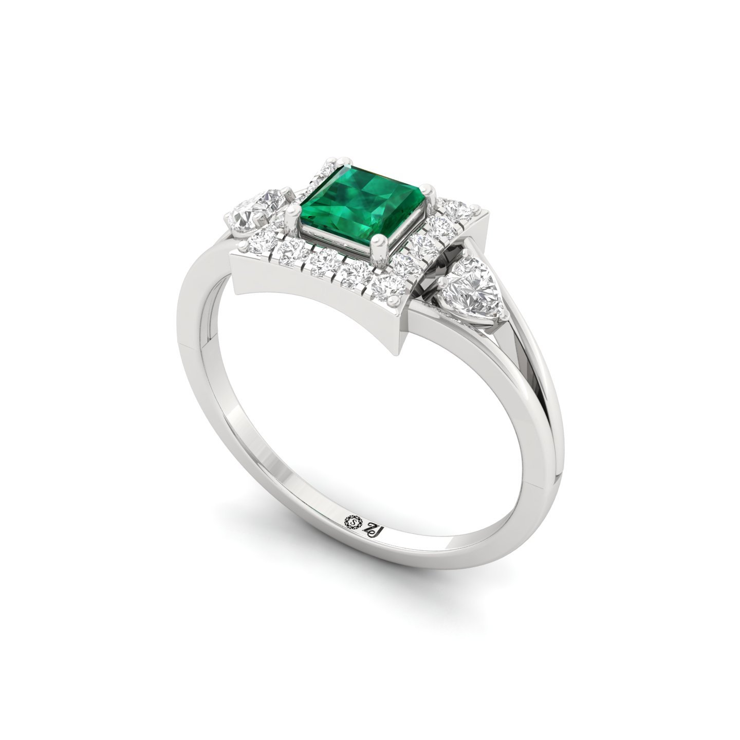 Princess Cut Emerald & Diamond Halo Ring | Lab Grown CVD Diamond & Green Gemstone Engagement Ring | 925 Silver | 10K | 14K | 18K - View 2