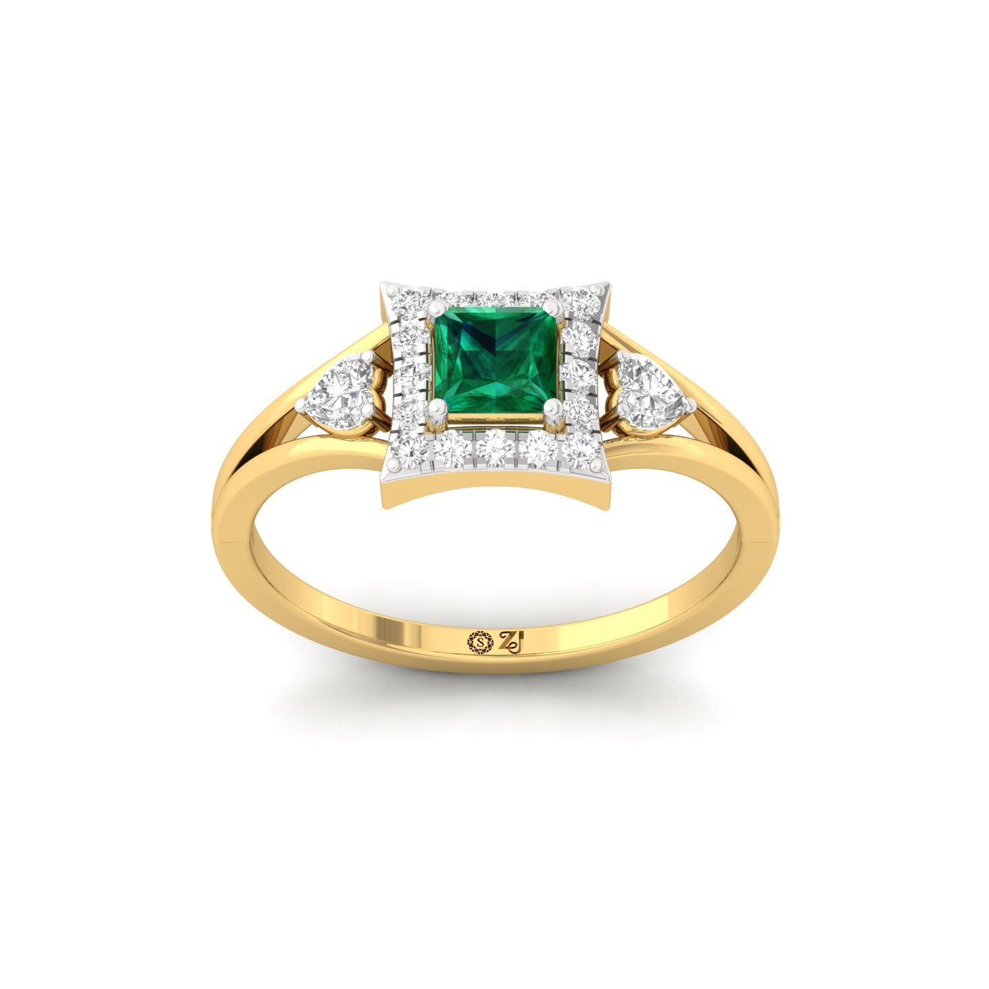 Princess Cut Emerald & Diamond Halo Ring | Lab Grown CVD Diamond & Green Gemstone Engagement Ring | 925 Silver | 10K | 14K | 18K - Gold Main View
