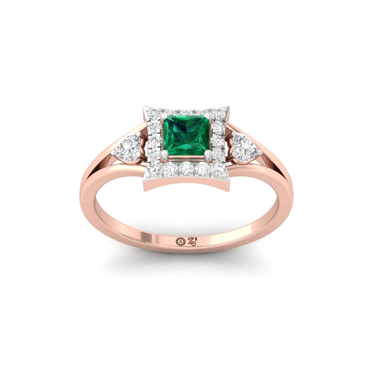 Princess Cut Emerald & Diamond Halo Ring | Lab Grown CVD Diamond & Green Gemstone Engagement Ring | 925 Silver | 10K | 14K | 18K - Rose Gold Main View