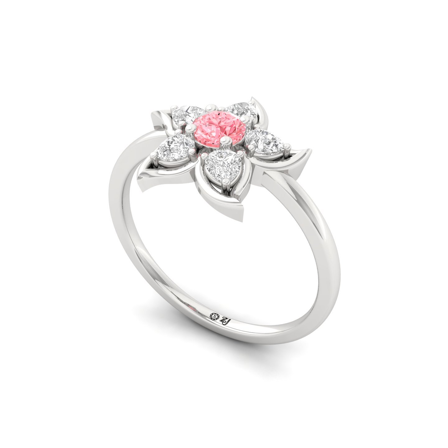 Pink Round & Pear Cut Diamond Flower Ring | Lab Grown CVD Diamond Floral Engagement Ring | 925 Silver | 10K | 14K | 18K - View 2
