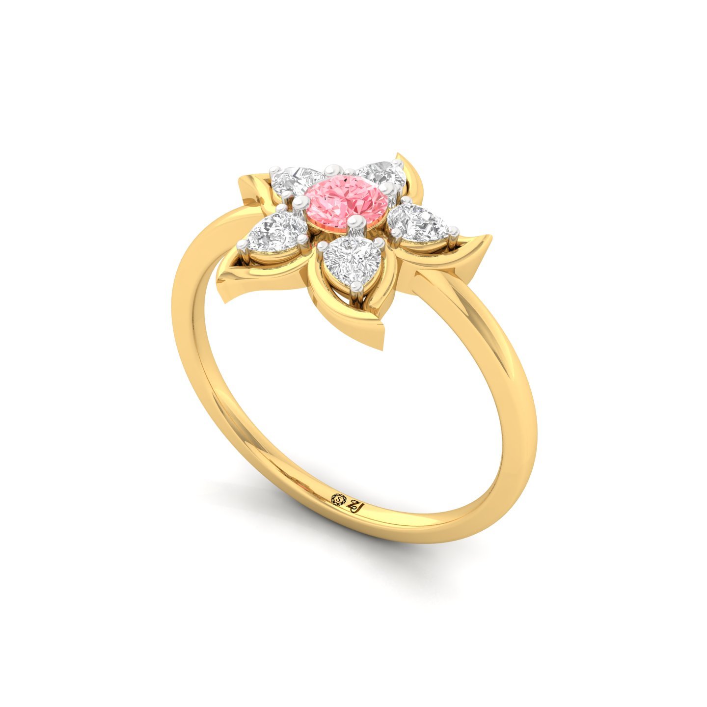 Pink Round & Pear Cut Diamond Flower Ring | Lab Grown CVD Diamond Floral Engagement Ring | 925 Silver | 10K | 14K | 18K - View 2