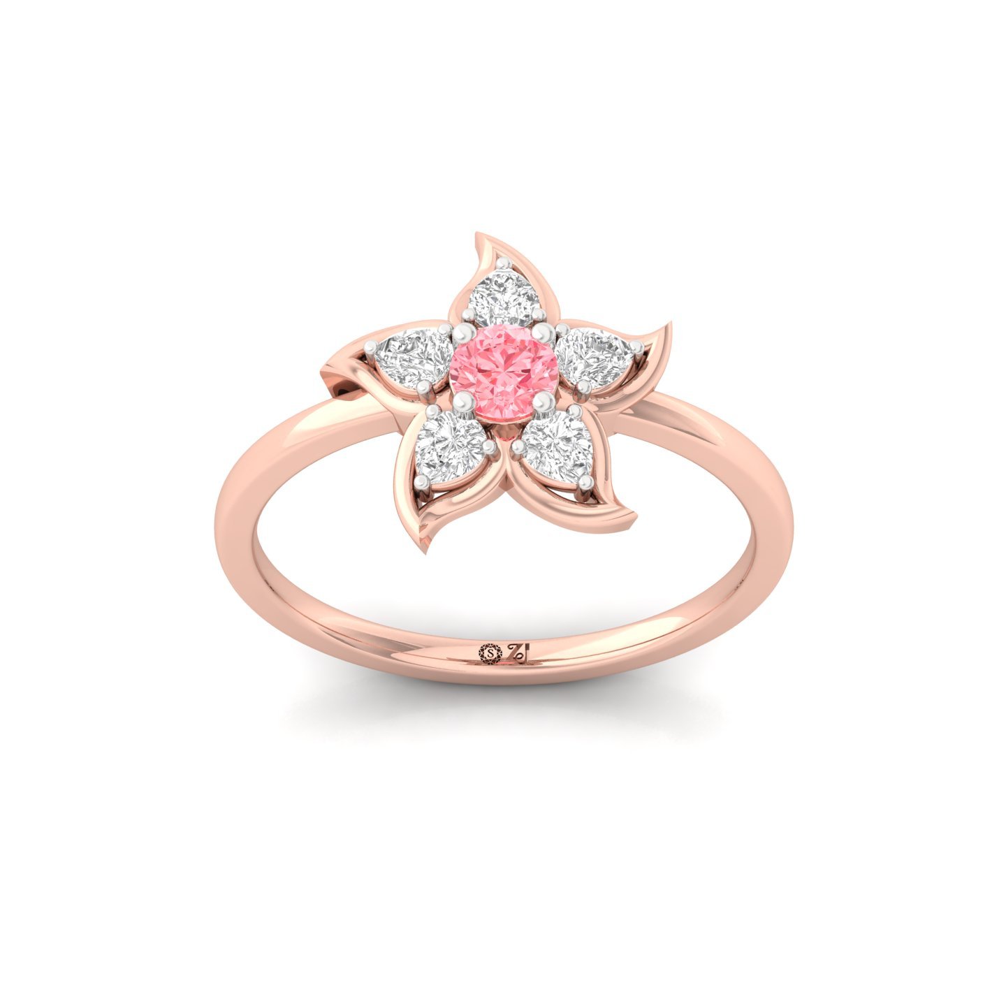 Pink Round & Pear Cut Diamond Flower Ring | Lab Grown CVD Diamond Floral Engagement Ring | 925 Silver | 10K | 14K | 18K - Rose Gold Main View