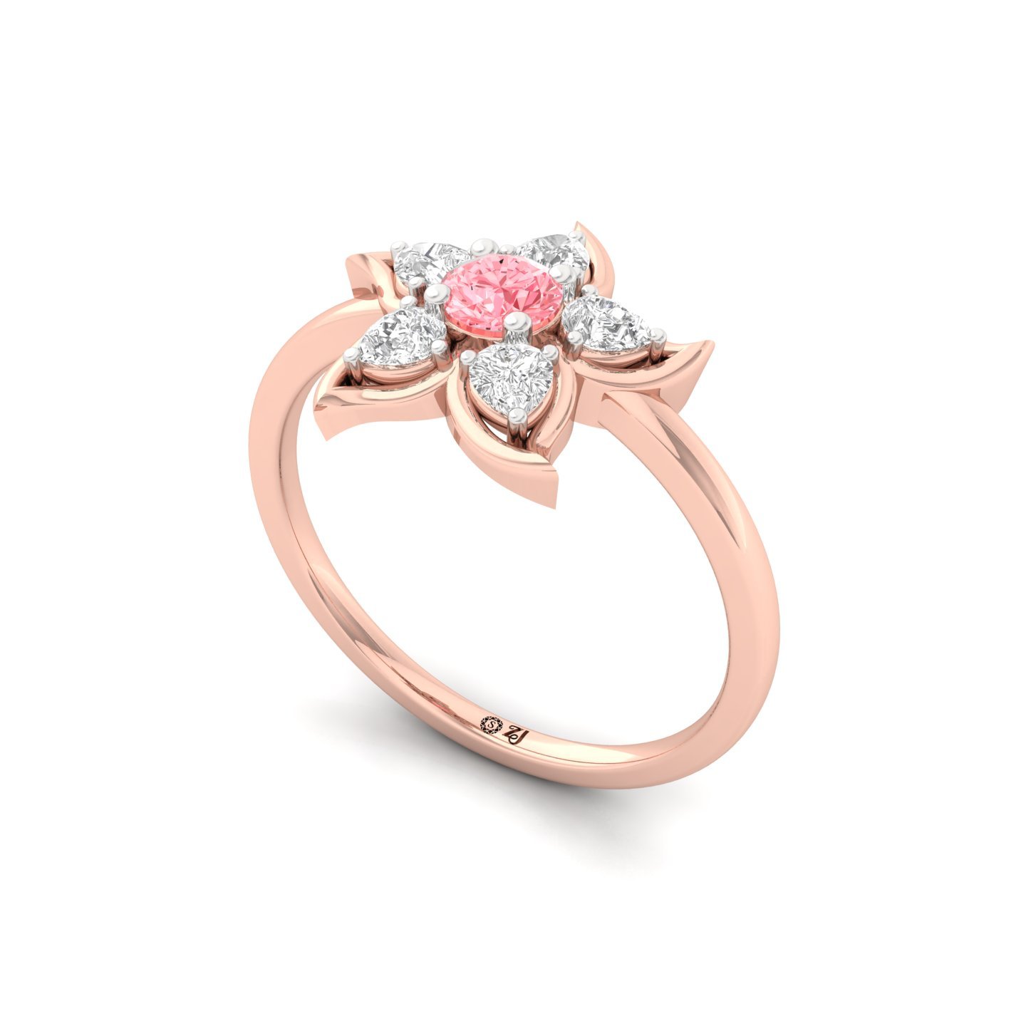 Pink Round & Pear Cut Diamond Flower Ring | Lab Grown CVD Diamond Floral Engagement Ring | 925 Silver | 10K | 14K | 18K - View 2