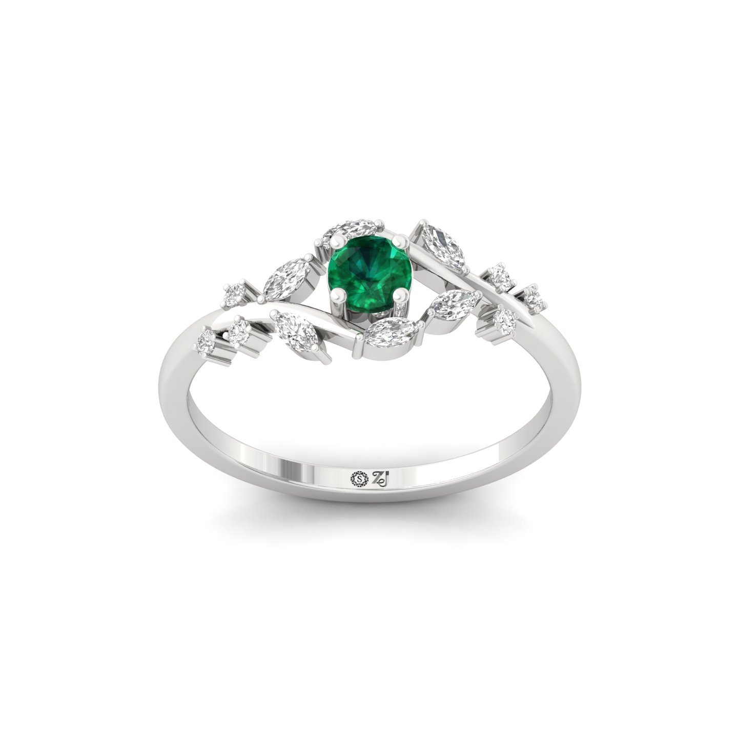 Green Round & Marquise Cut Diamond Leaf Ring | Lab Grown CVD Diamond Nature-Inspired Engagement Ring | 925 Silver | 10K | 14K | 18K - Main View