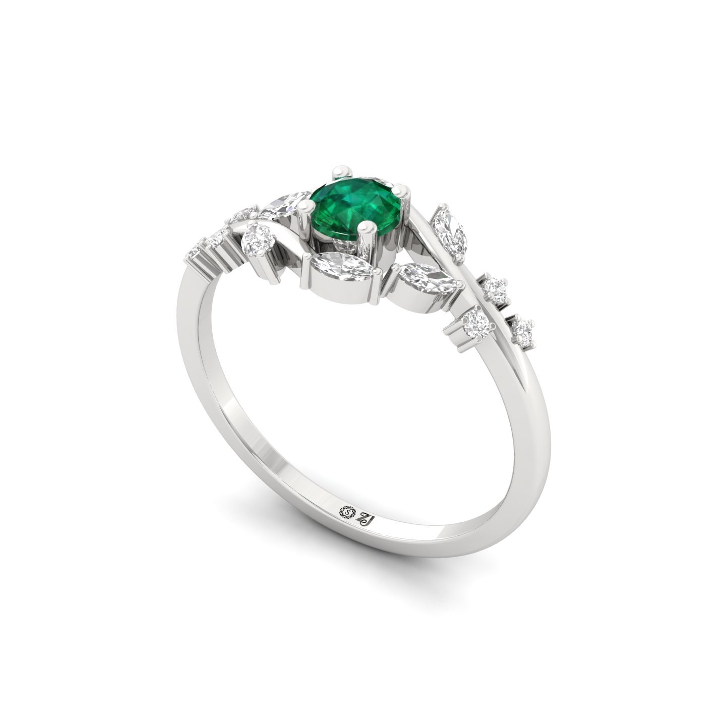 Green Round & Marquise Cut Diamond Leaf Ring | Lab Grown CVD Diamond Nature-Inspired Engagement Ring | 925 Silver | 10K | 14K | 18K - View 2