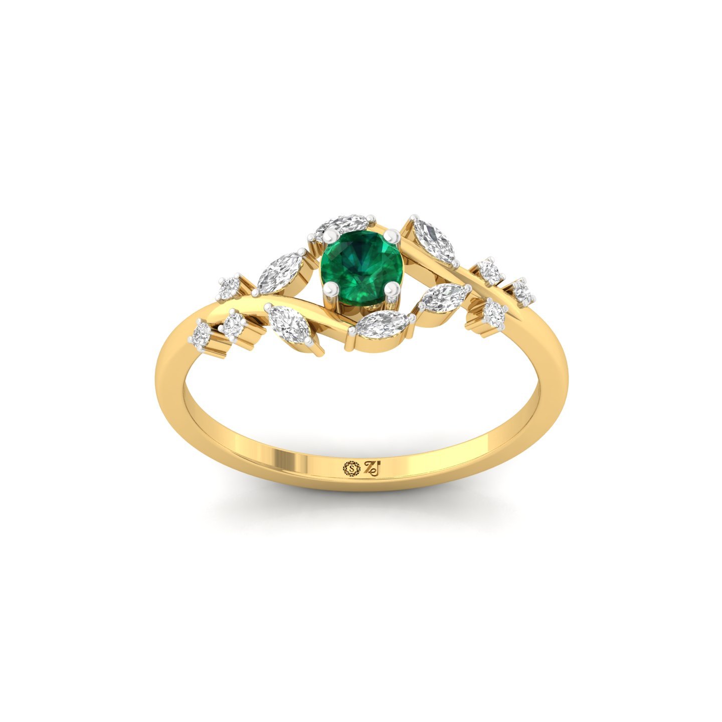 Green Round & Marquise Cut Diamond Leaf Ring | Lab Grown CVD Diamond Nature-Inspired Engagement Ring | 925 Silver | 10K | 14K | 18K - Gold Main View