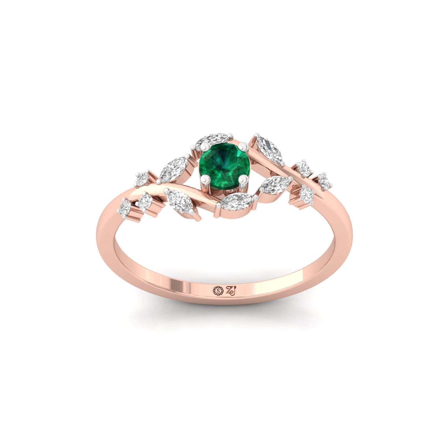 Green Round & Marquise Cut Diamond Leaf Ring | Lab Grown CVD Diamond Nature-Inspired Engagement Ring | 925 Silver | 10K | 14K | 18K - Rose Gold Main View