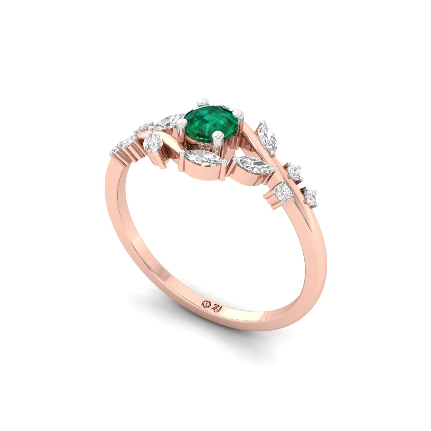 Green Round & Marquise Cut Diamond Leaf Ring | Lab Grown CVD Diamond Nature-Inspired Engagement Ring | 925 Silver | 10K | 14K | 18K - View 2