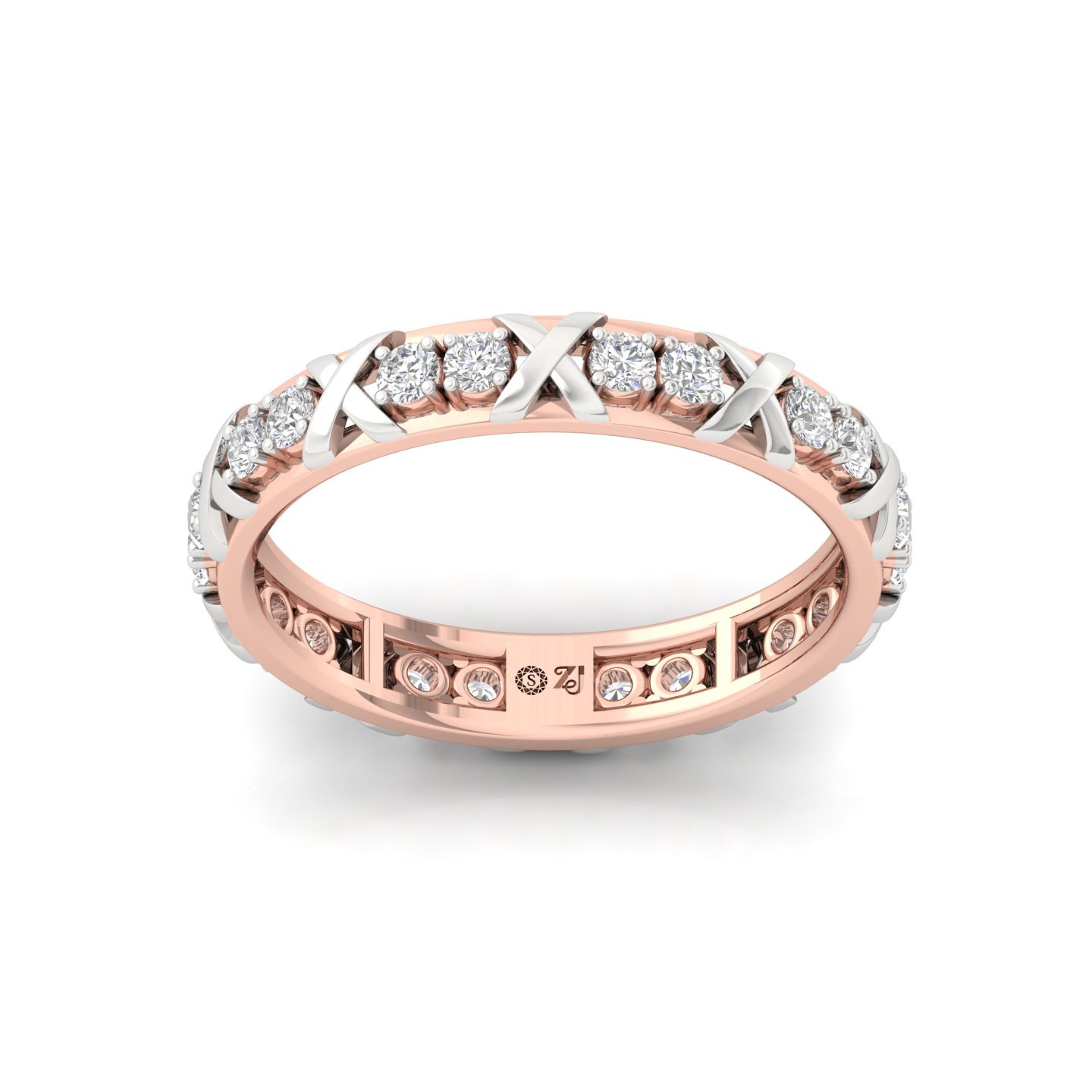 Round Cut Diamond Eternity Ring with X-Design | Lab Grown CVD Diamond Band Ring | 925 Silver | 10K | 14K | 18K - Rose Gold Main View