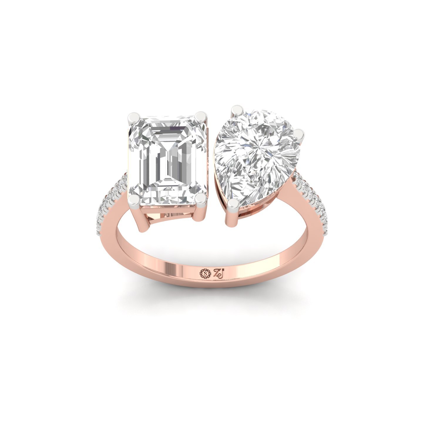 Emerald & Pear Cut Diamond Toi et Moi Ring | Lab Grown CVD Diamond Engagement Ring | 925 Silver | 10K | 14K | 18K - Rose Gold Main View