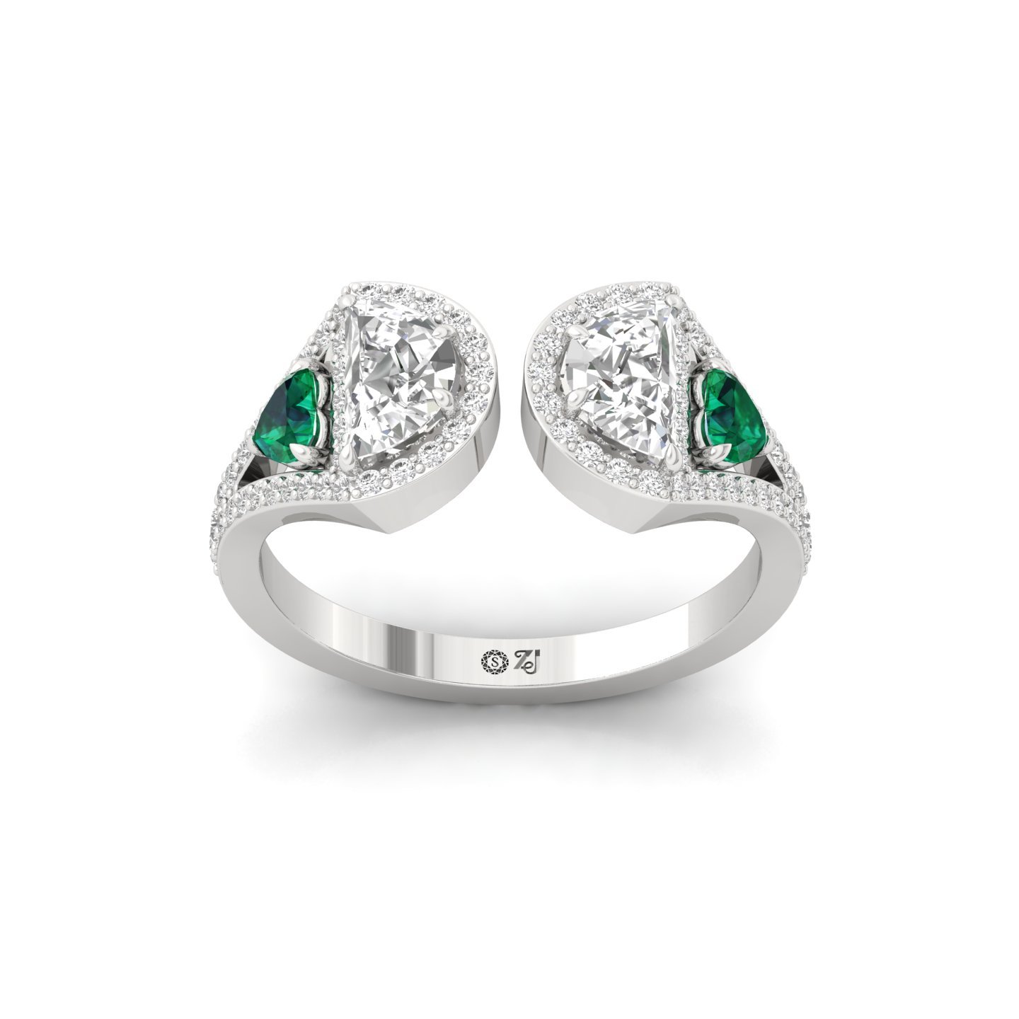 Half Moon & Heart Diamond Open Ring | Lab Grown CVD Diamond & Emerald Halo Ring | 925 Silver | 10K | 14K | 18K - Main View