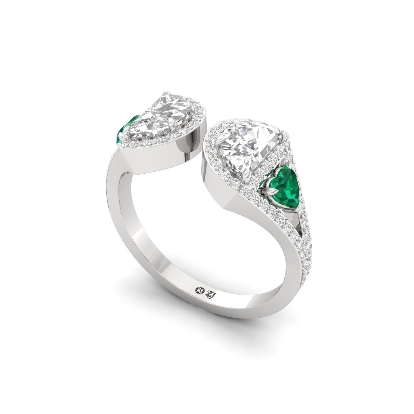 Half Moon & Heart Diamond Open Ring | Lab Grown CVD Diamond & Emerald Halo Ring | 925 Silver | 10K | 14K | 18K - View 2