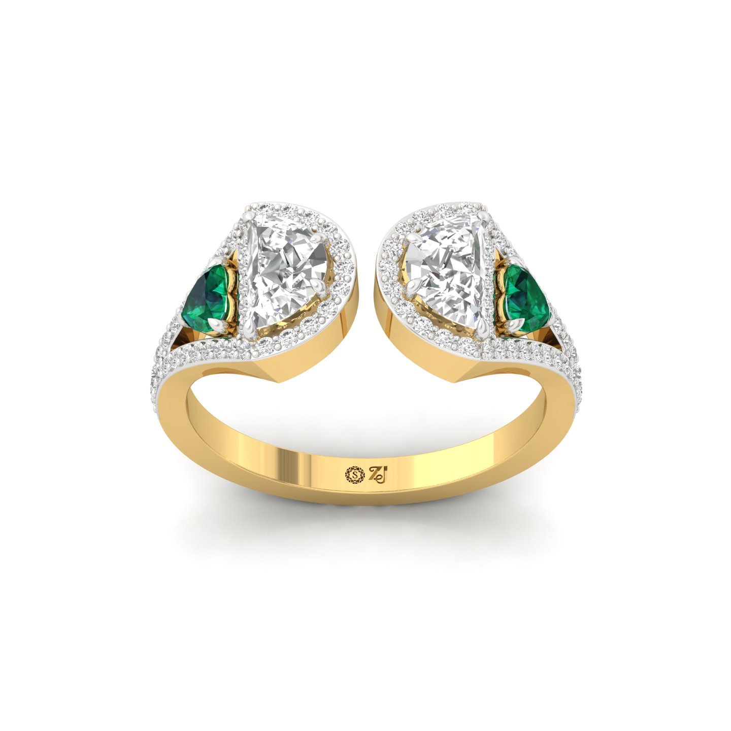 Half Moon & Heart Diamond Open Ring | Lab Grown CVD Diamond & Emerald Halo Ring | 925 Silver | 10K | 14K | 18K - Gold Main View