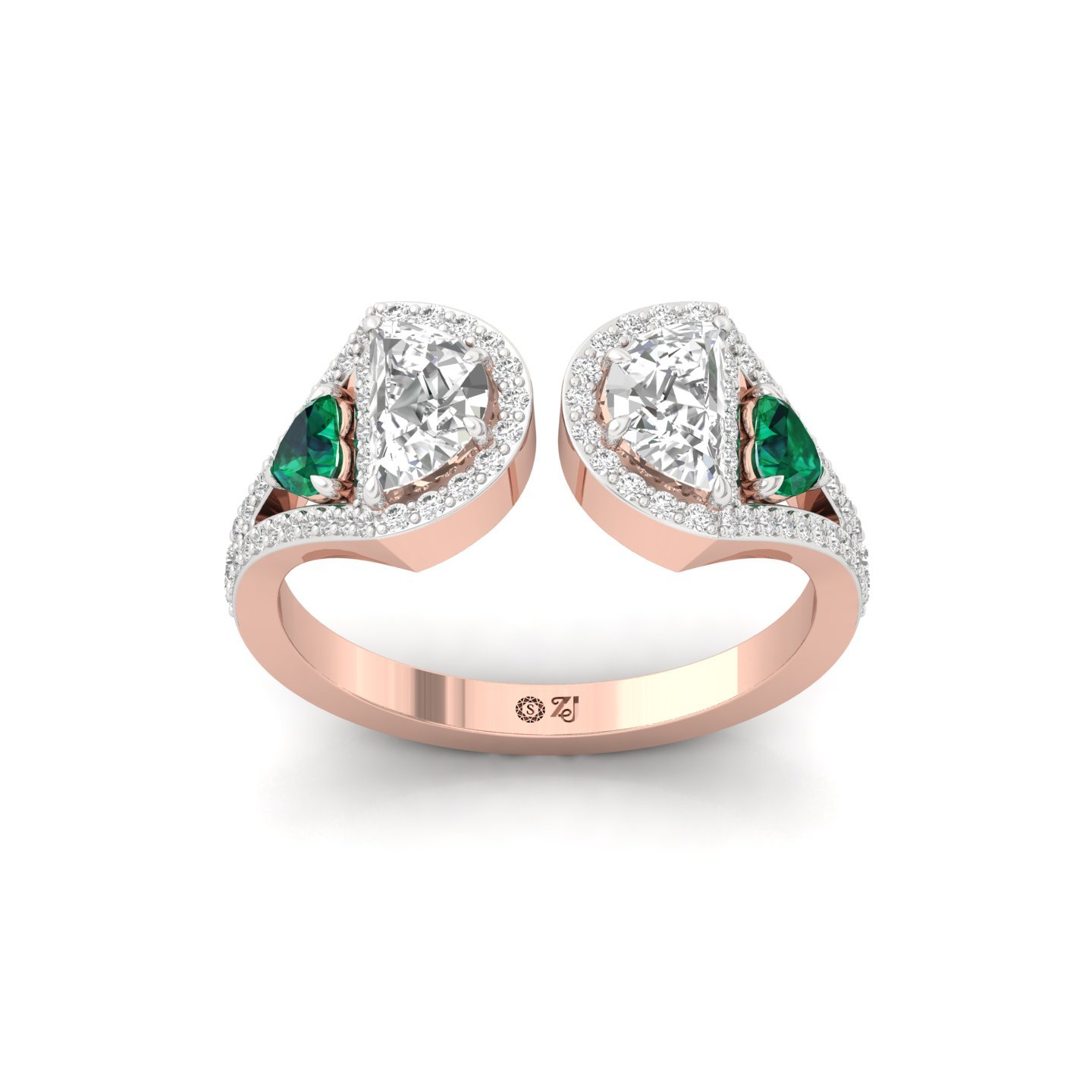 Half Moon & Heart Diamond Open Ring | Lab Grown CVD Diamond & Emerald Halo Ring | 925 Silver | 10K | 14K | 18K - Rose Gold Main View
