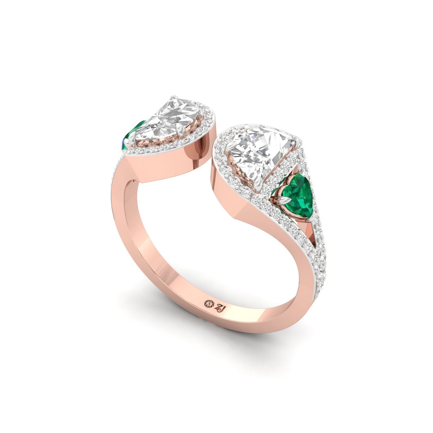 Half Moon & Heart Diamond Open Ring | Lab Grown CVD Diamond & Emerald Halo Ring | 925 Silver | 10K | 14K | 18K - View 2
