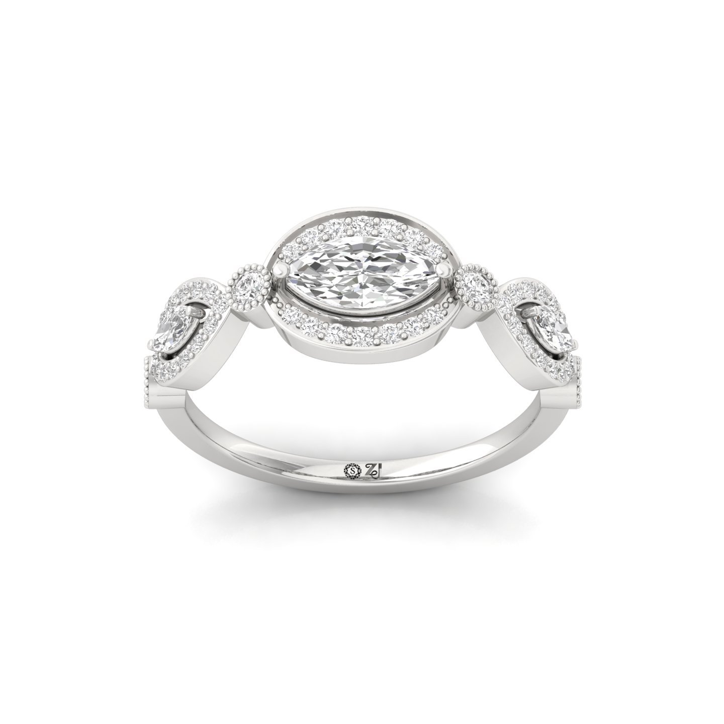 Marquise Diamond Halo Ring | Vintage Lab Grown CVD Diamond Engagement Ring | 925 Silver | 10K | 14K | 18K - Main View