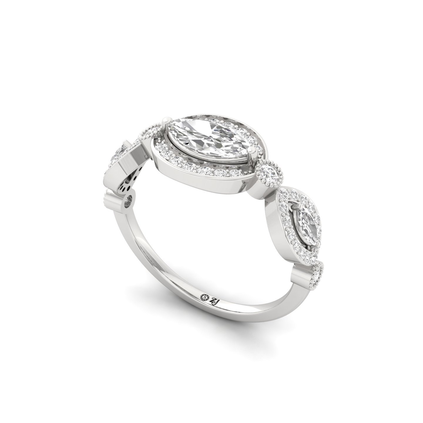 Marquise Diamond Halo Ring | Vintage Lab Grown CVD Diamond Engagement Ring | 925 Silver | 10K | 14K | 18K - View 2