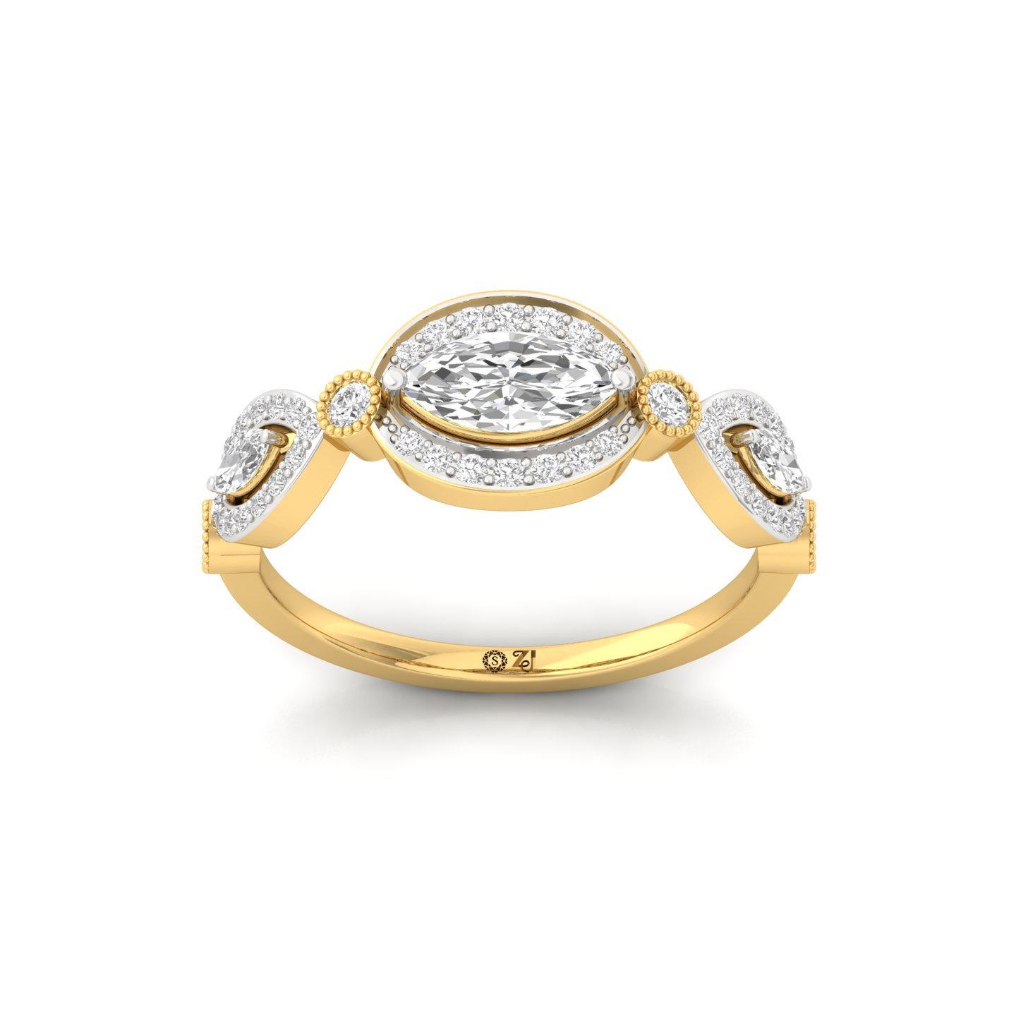 Marquise Diamond Halo Ring | Vintage Lab Grown CVD Diamond Engagement Ring | 925 Silver | 10K | 14K | 18K - Gold Main View