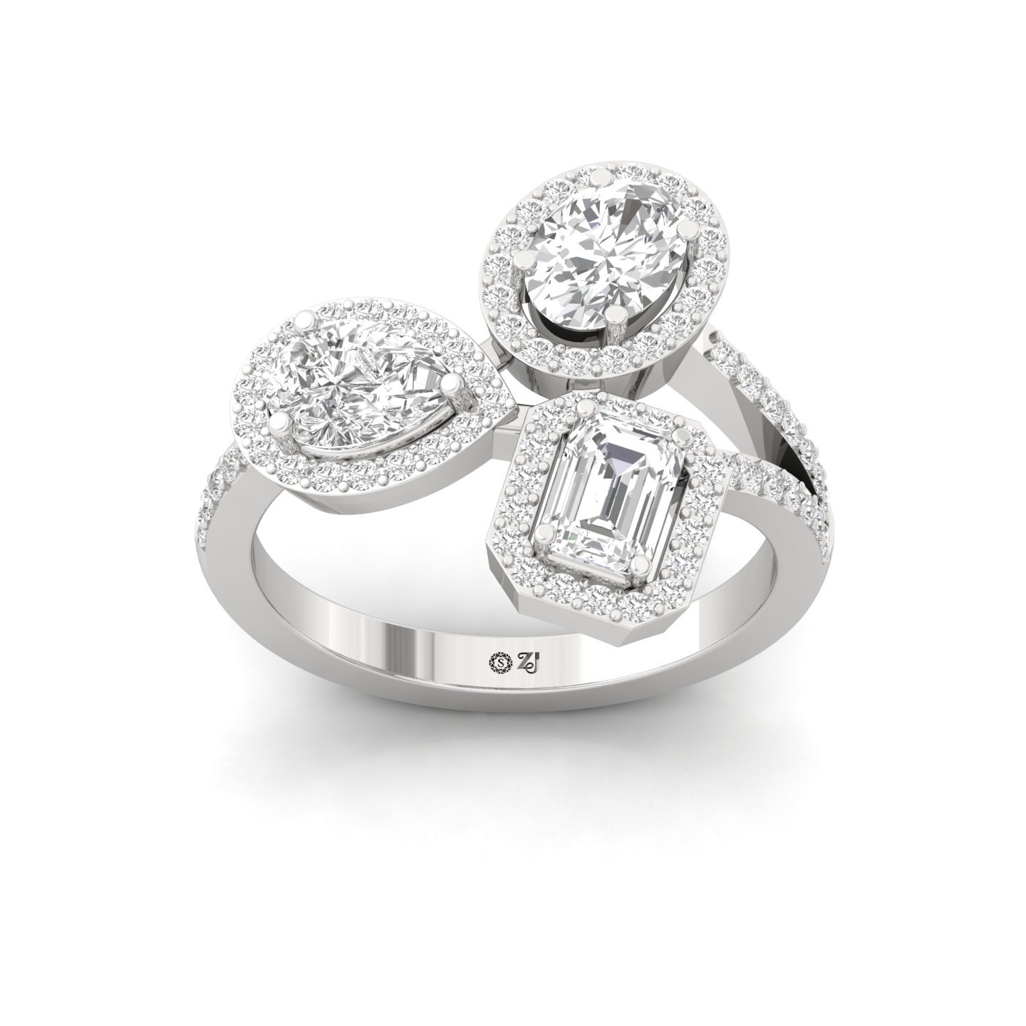 Oval, Emerald & Round Cut Three Stone Diamond Ring | Lab Grown CVD Diamond Statement Toi Et Moi Ring | 925 Silver | 10K | 14K | 18K - Main View