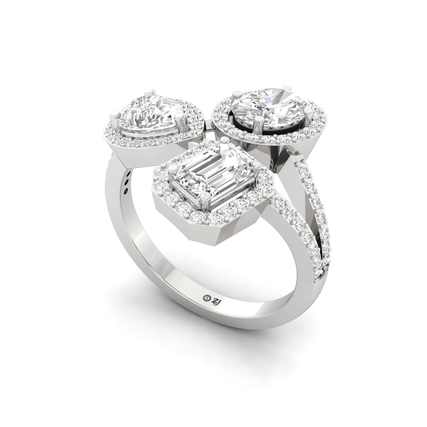 Oval, Emerald & Round Cut Three Stone Diamond Ring | Lab Grown CVD Diamond Statement Toi Et Moi Ring | 925 Silver | 10K | 14K | 18K - View 2