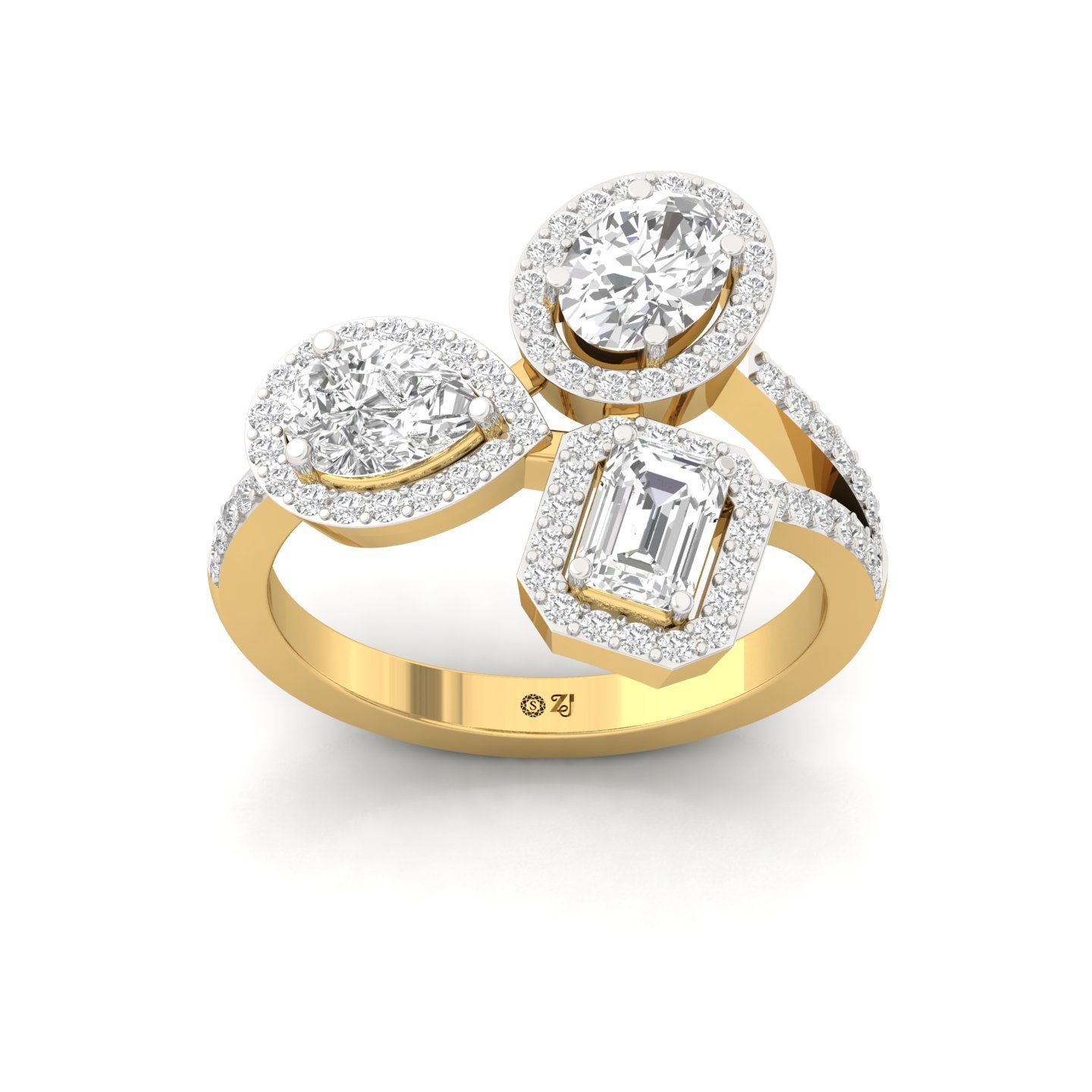 Oval, Emerald & Round Cut Three Stone Diamond Ring | Lab Grown CVD Diamond Statement Toi Et Moi Ring | 925 Silver | 10K | 14K | 18K - Gold Main View