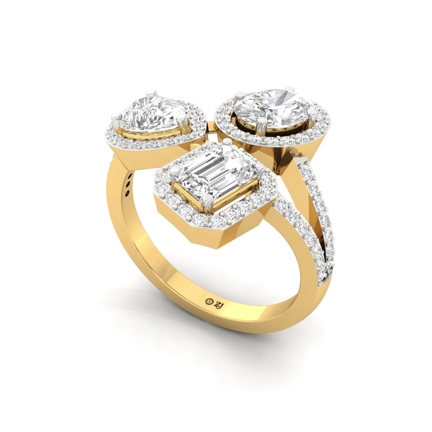 Oval, Emerald & Round Cut Three Stone Diamond Ring | Lab Grown CVD Diamond Statement Toi Et Moi Ring | 925 Silver | 10K | 14K | 18K - View 2