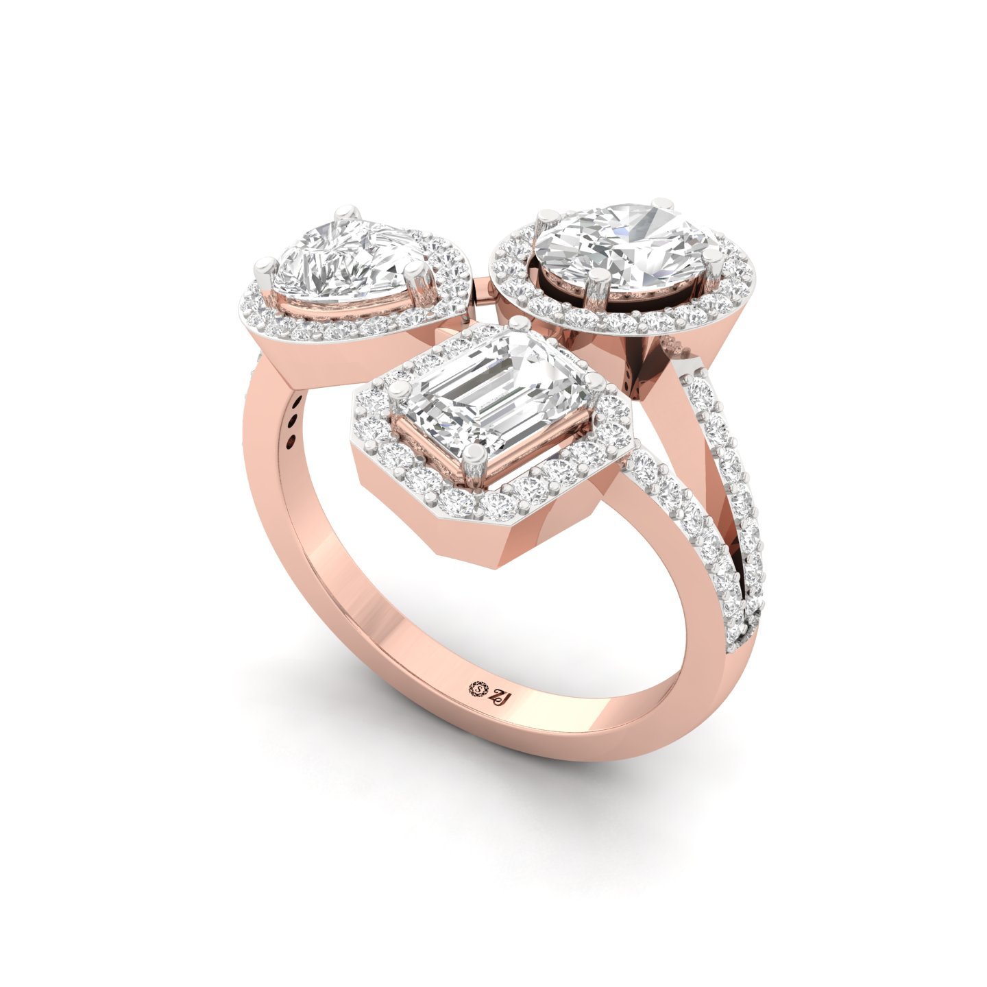 Oval, Emerald & Round Cut Three Stone Diamond Ring | Lab Grown CVD Diamond Statement Toi Et Moi Ring | 925 Silver | 10K | 14K | 18K - View 2