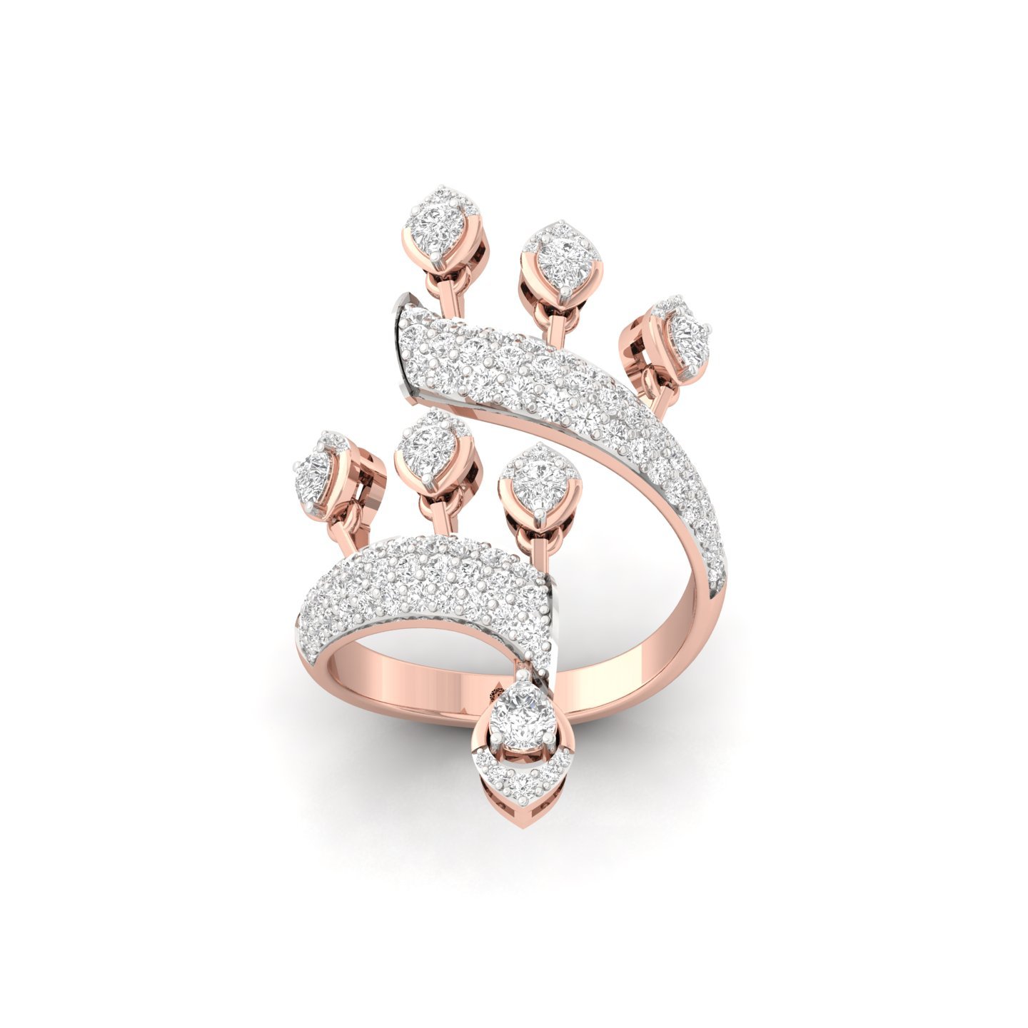 Lab Grown Diamond Cocktail Statement Ring | Spiral Vine Design | Pavé & Solitaire Mix | 925 Silver | 10K | 14K | 18K - Rose Gold Main View