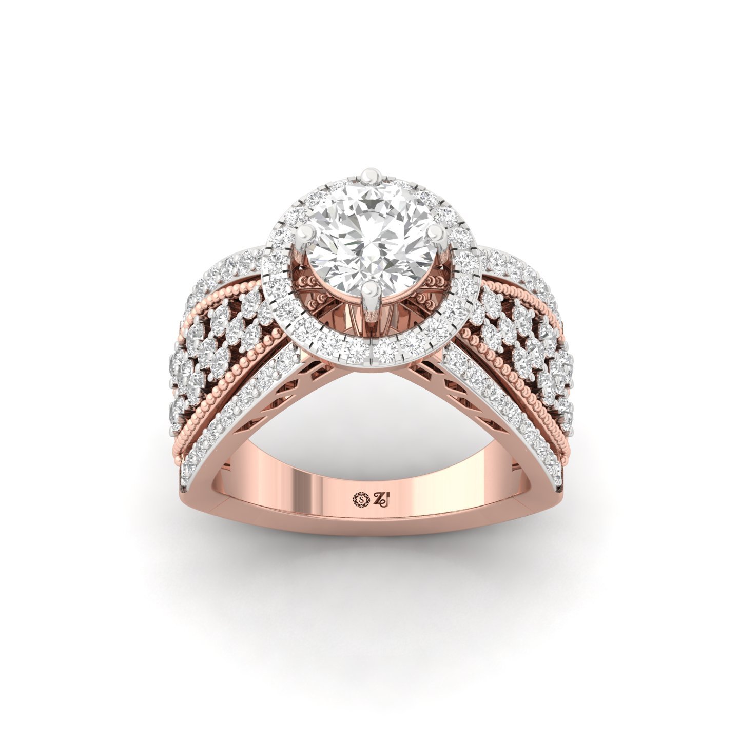 Lab Grown Diamond Royal Statement Ring | Multi-Row Halo & Filigree Design | 925 Silver | 10K | 14K | 18K - Rose Gold Main View