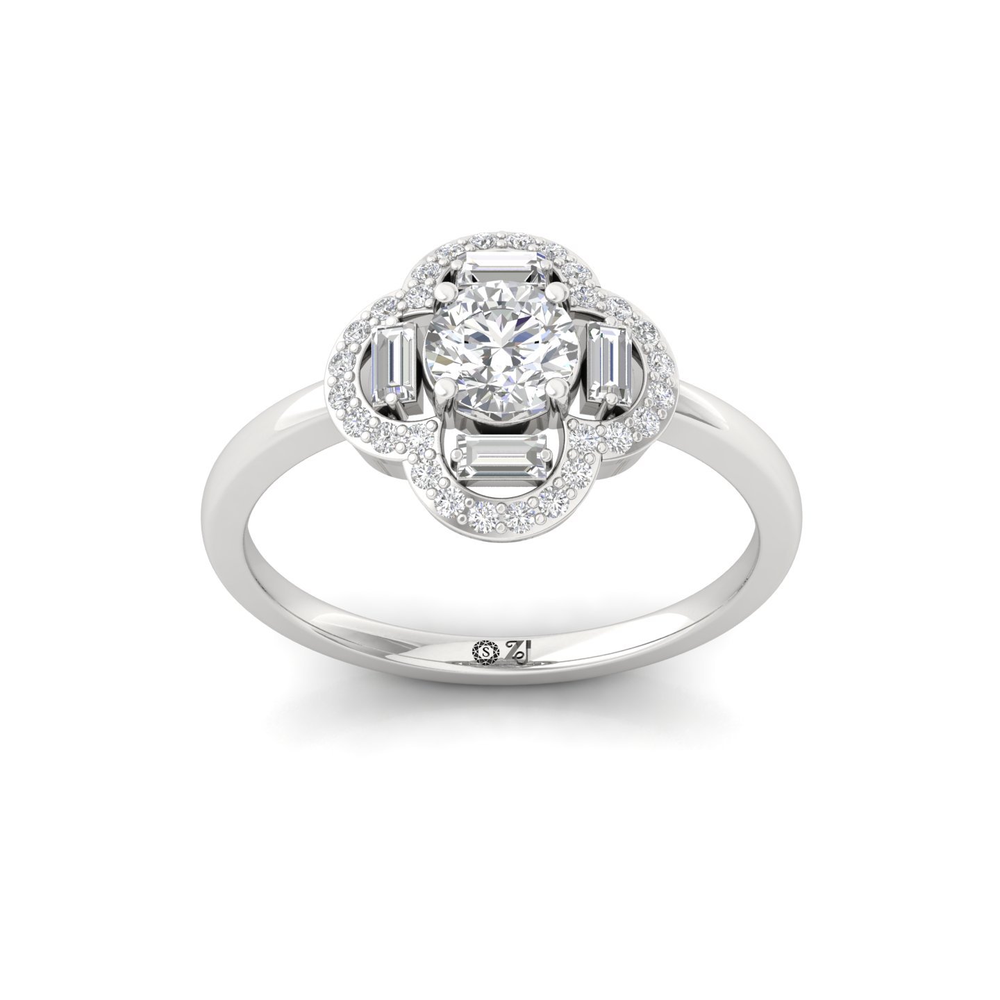 Floral Halo Lab Grown Diamond Ring | Round & Baguette Diamond Cluster | 925 Silver | 10K | 14K | 18K - Main View