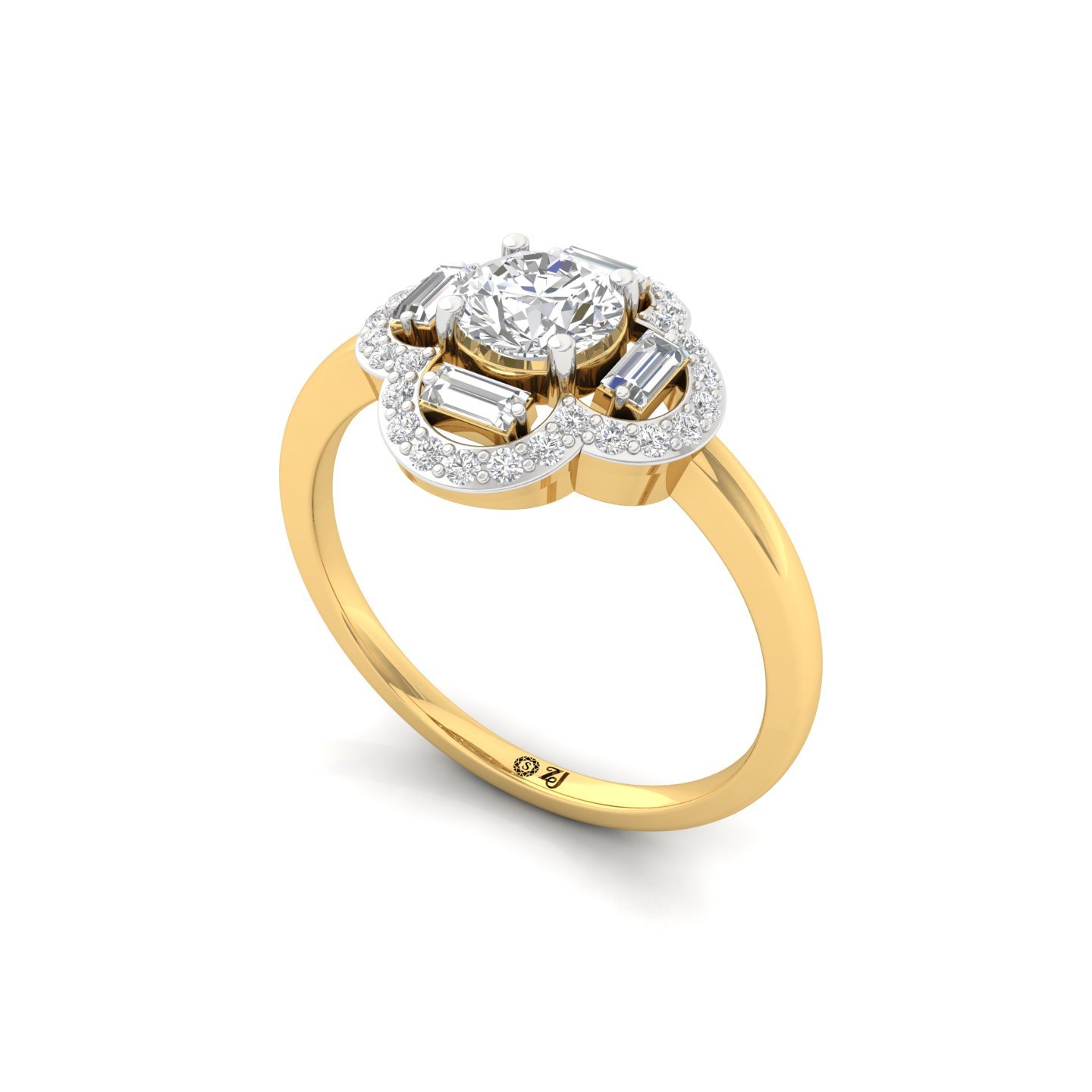 Floral Halo Lab Grown Diamond Ring | Round & Baguette Diamond Cluster | 925 Silver | 10K | 14K | 18K - View 2