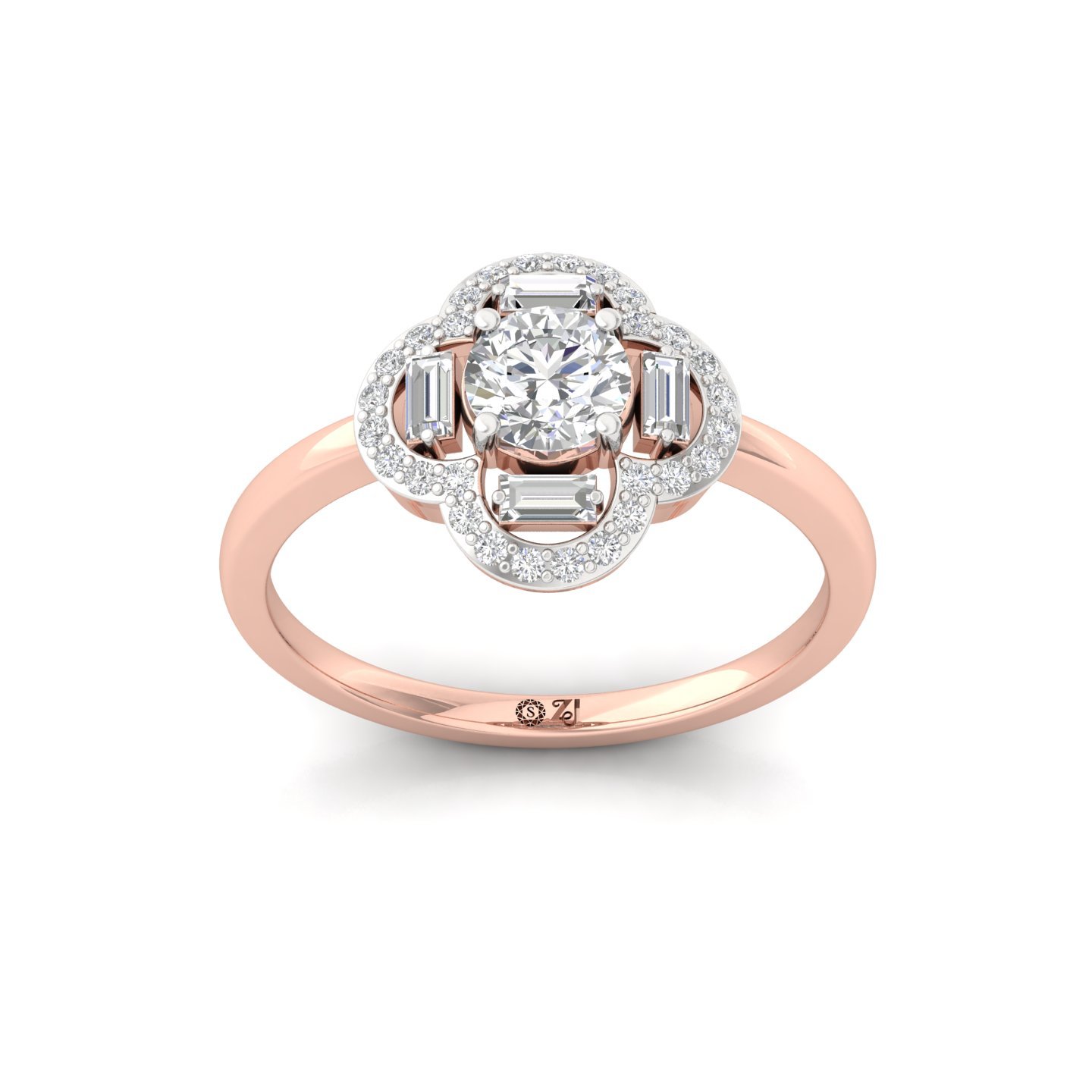 Floral Halo Lab Grown Diamond Ring | Round & Baguette Diamond Cluster | 925 Silver | 10K | 14K | 18K - Rose Gold Main View