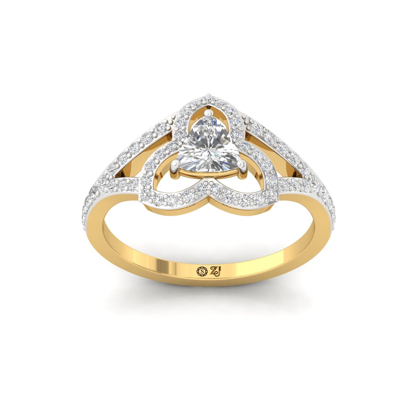 Trillion Cut Lab Grown Diamond Ring | Halo Split Shank Engagement Ring | 925 Silver | 10K | 14K | 18K - Gold Main View