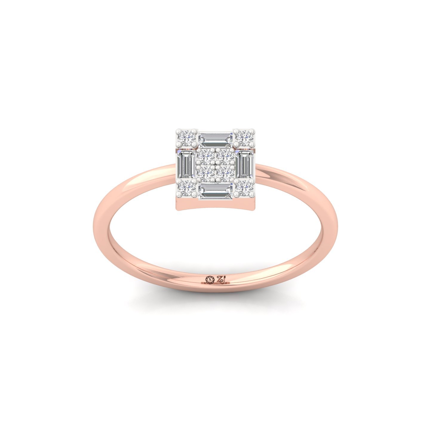 Square Cluster Baguette & Round Diamond Ring | Lab Grown Diamond | 925 Silver | 10K | 14K | 18K - Rose Gold Main View
