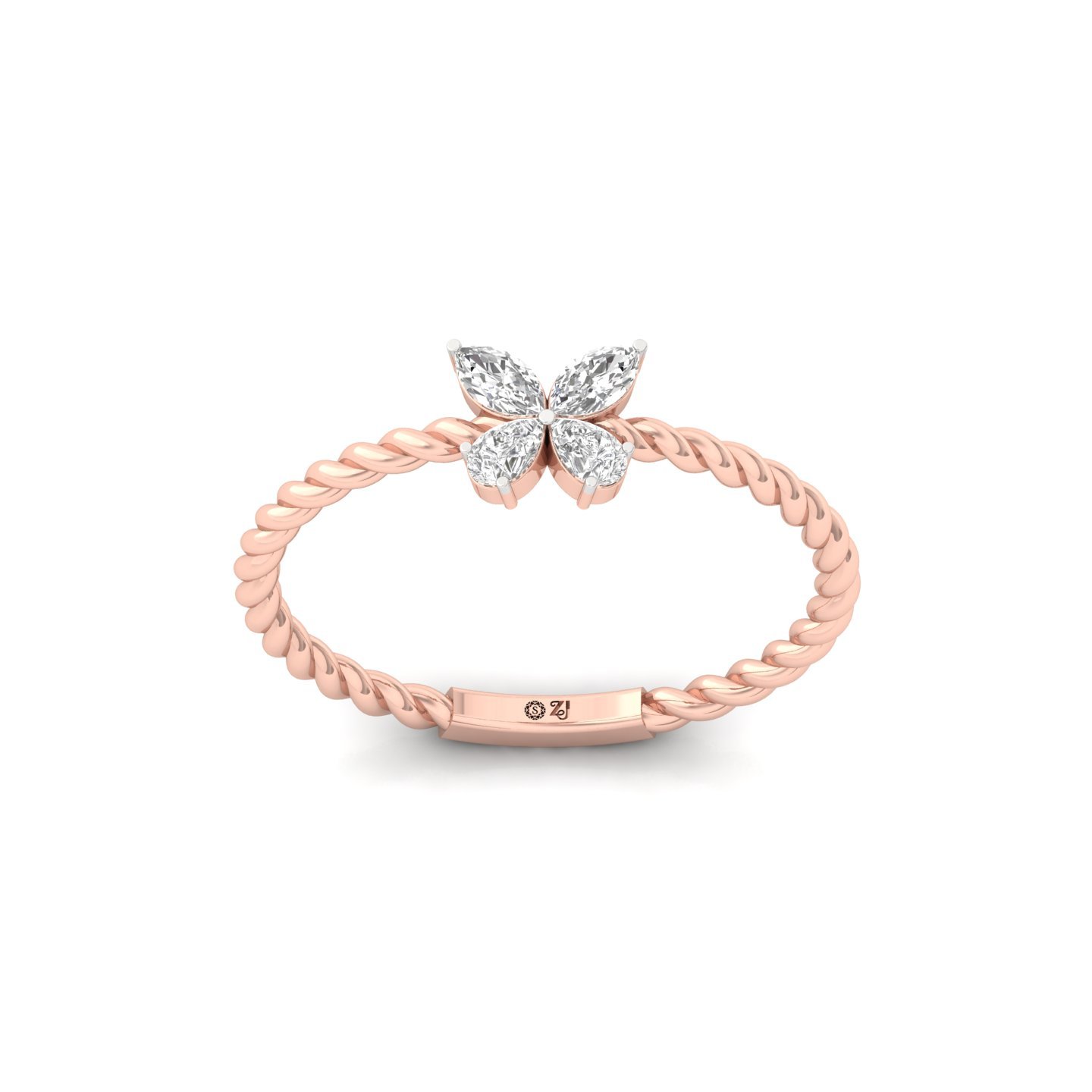 Twisted Rope Floral Diamond Ring | Marquise & Pear Cut Diamonds | Lab Grown Diamond | 925 Silver | 10K | 14K | 18K - Rose Gold Main View
