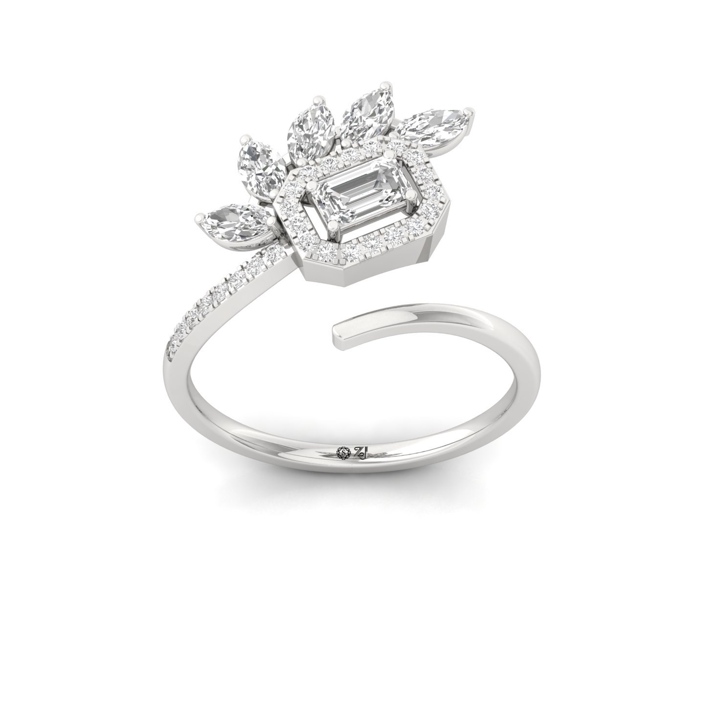 Floral Emerald-Cut Diamond Ring | Marquise & Round Halo Cluster | Lab Grown Diamond | 925 Silver | 10K | 14K | 18K - Main View