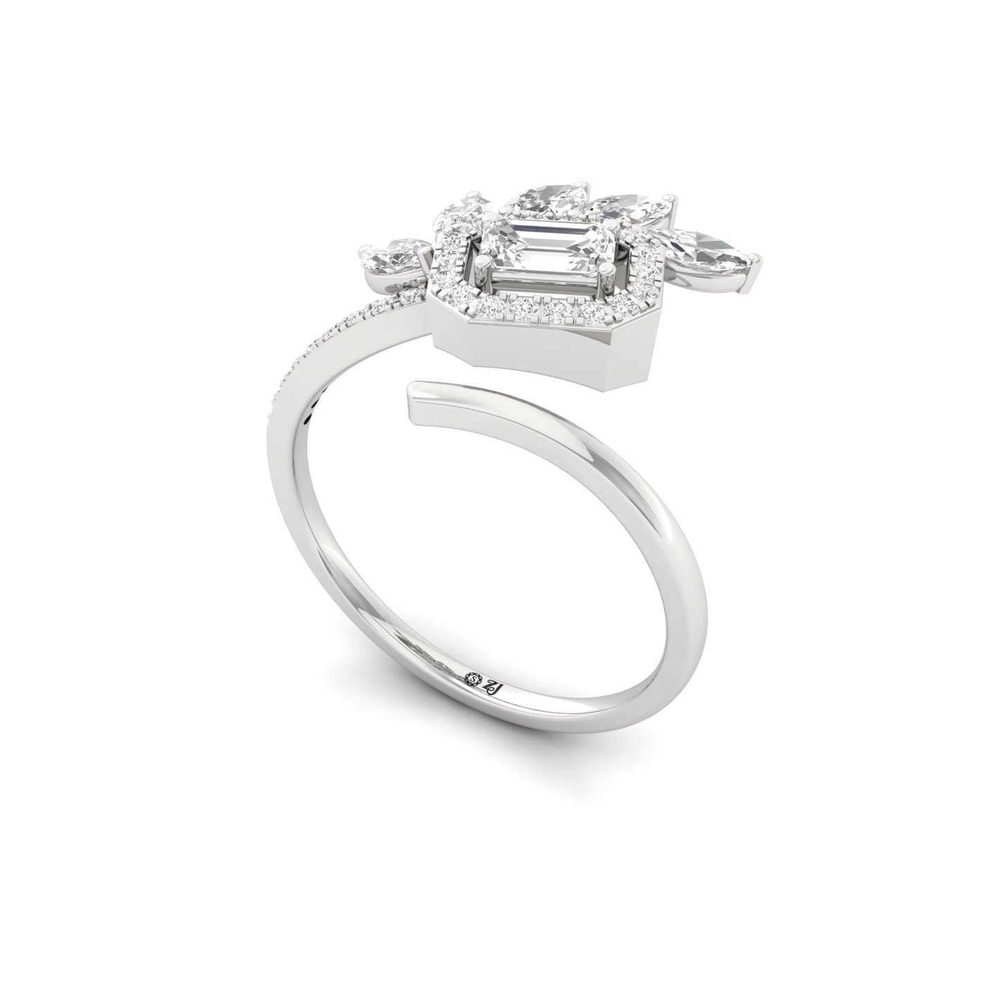 Floral Emerald-Cut Diamond Ring | Marquise & Round Halo Cluster | Lab Grown Diamond | 925 Silver | 10K | 14K | 18K - View 2